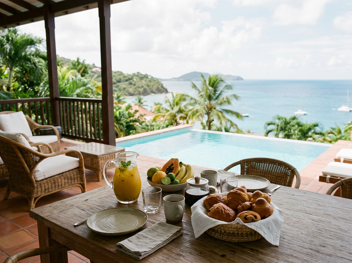 Petit-déjeuner avec croissants, pain, viennoiseries, fruits, jus d'orange, café, sur une terrasse avec vue sur la mer, palmiers et piscine.