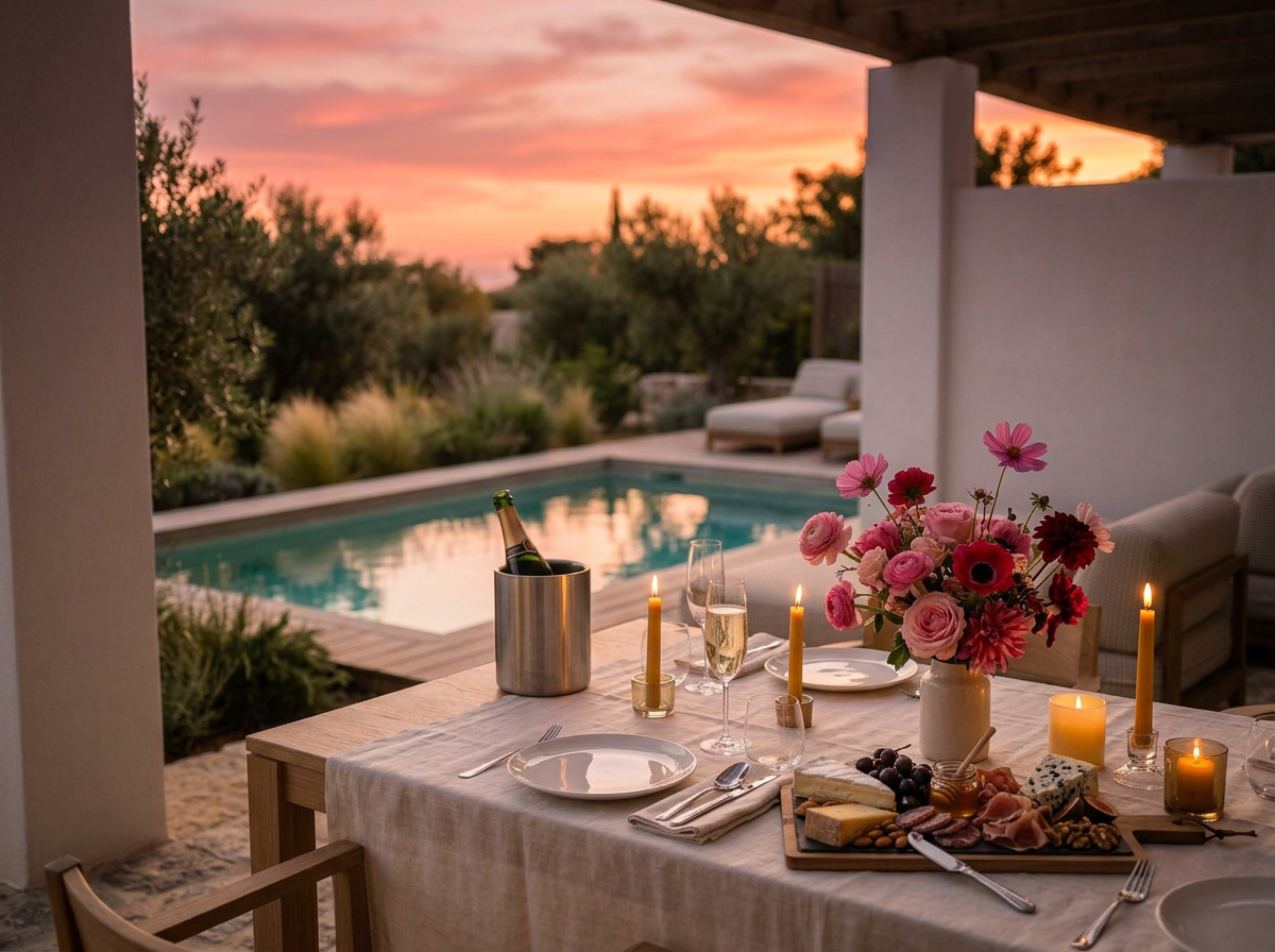 Table de dîner avec bouquet de fleurs, bougies et plateau de fromages, piscine et coucher de soleil en arrière-plan.