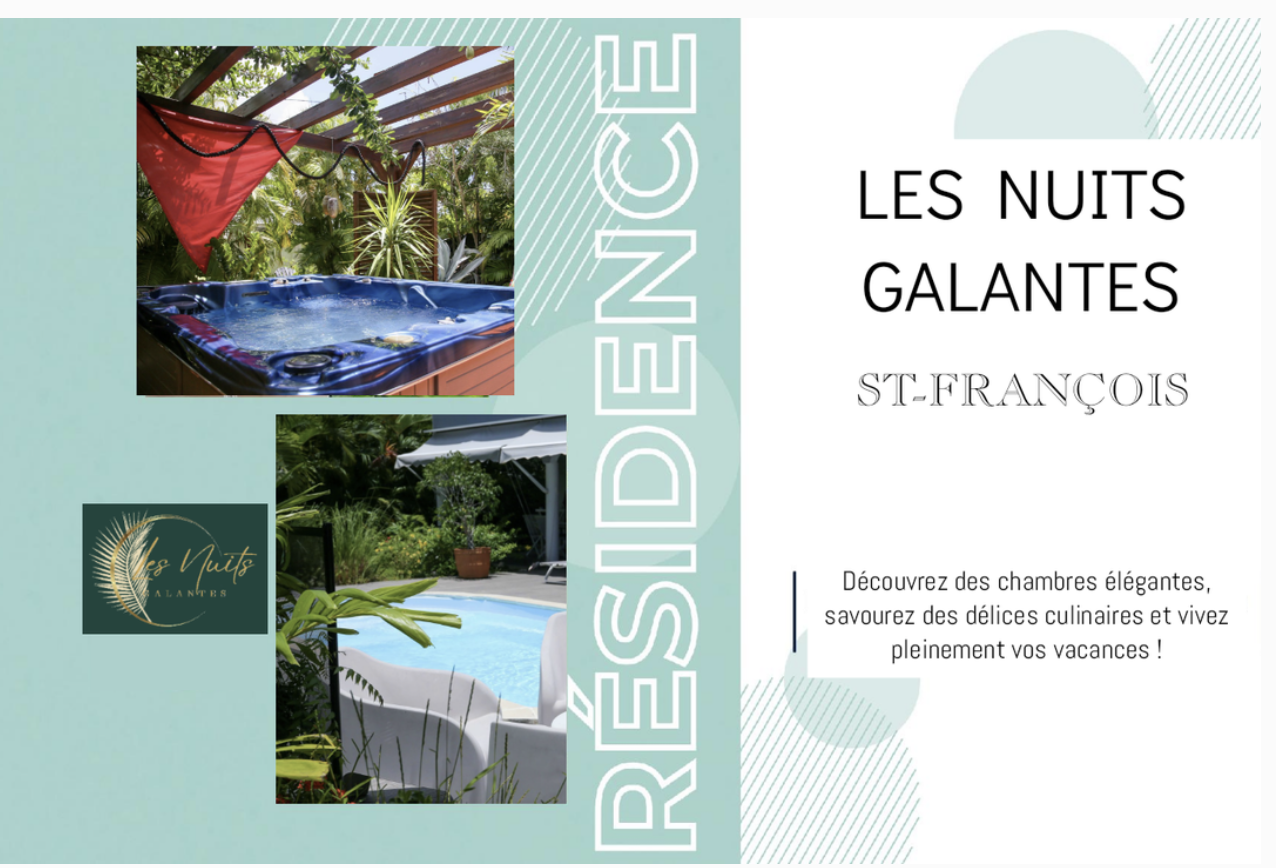 Une publicité pour les nuits d'écotourisme à Saint-François comprenant deux photos de piscine extérieure entourée de végétation luxuriante, avec un côté vert pastel et un logo avec un soleil stylisé et le texte « Les Nuits ». Un texte en français invite à découvrir des chambres élégantes et à vivre pleinement ses vacances.