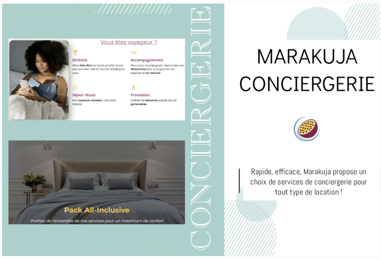 Flyer pour une agence de conciergerie appelée Marakuja, proposant des services pour la location de logements, avec une section sur les avantages pour les voyageurs et une image d'une chambre d'hôtel
