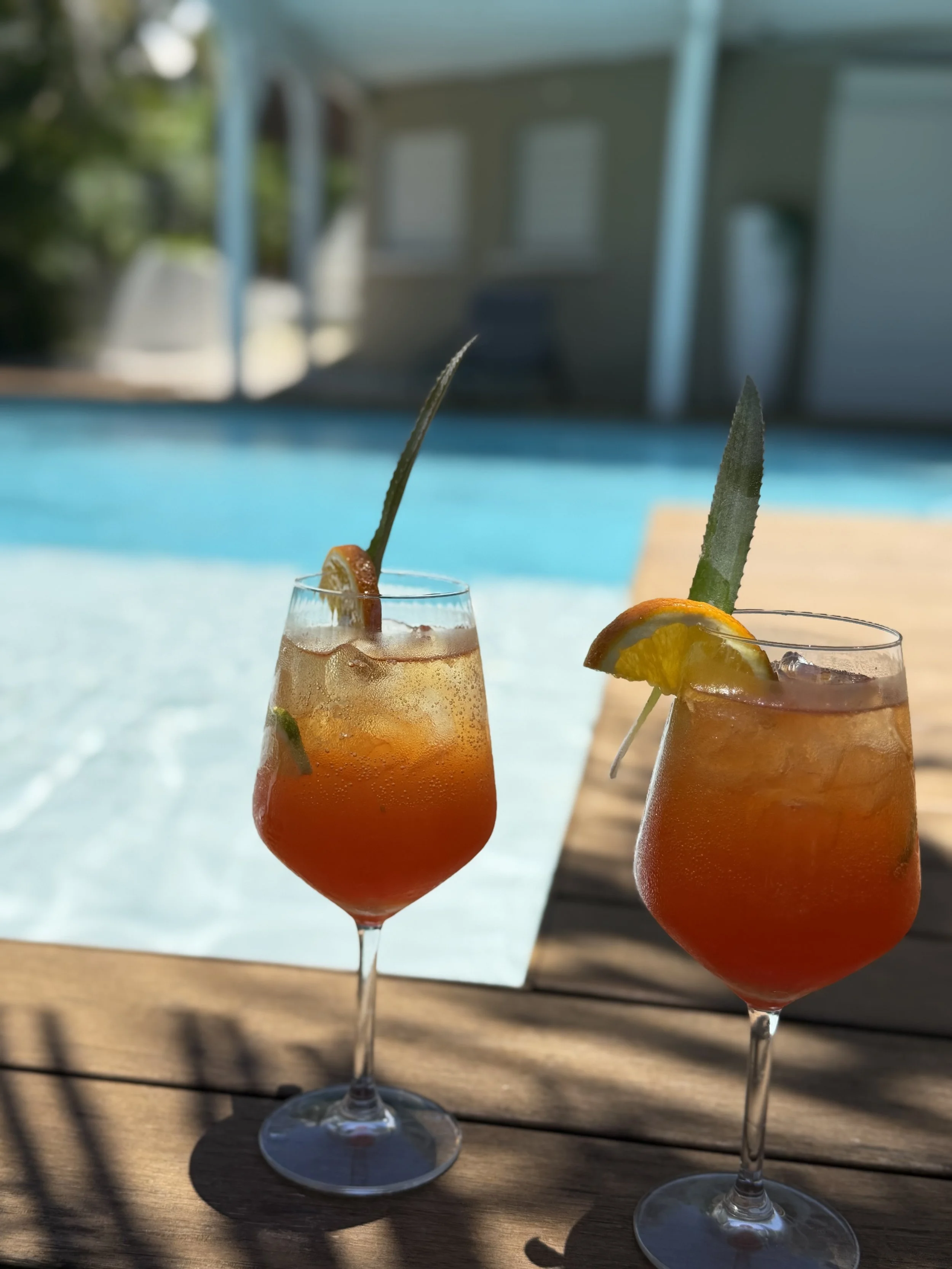 Deux verres de cocktail orange avec des tranches d'orange et des feuilles d'aloé, posés sur une table en bois, à l'extérieur près d'une piscine, avec une maison en arrière-plan.