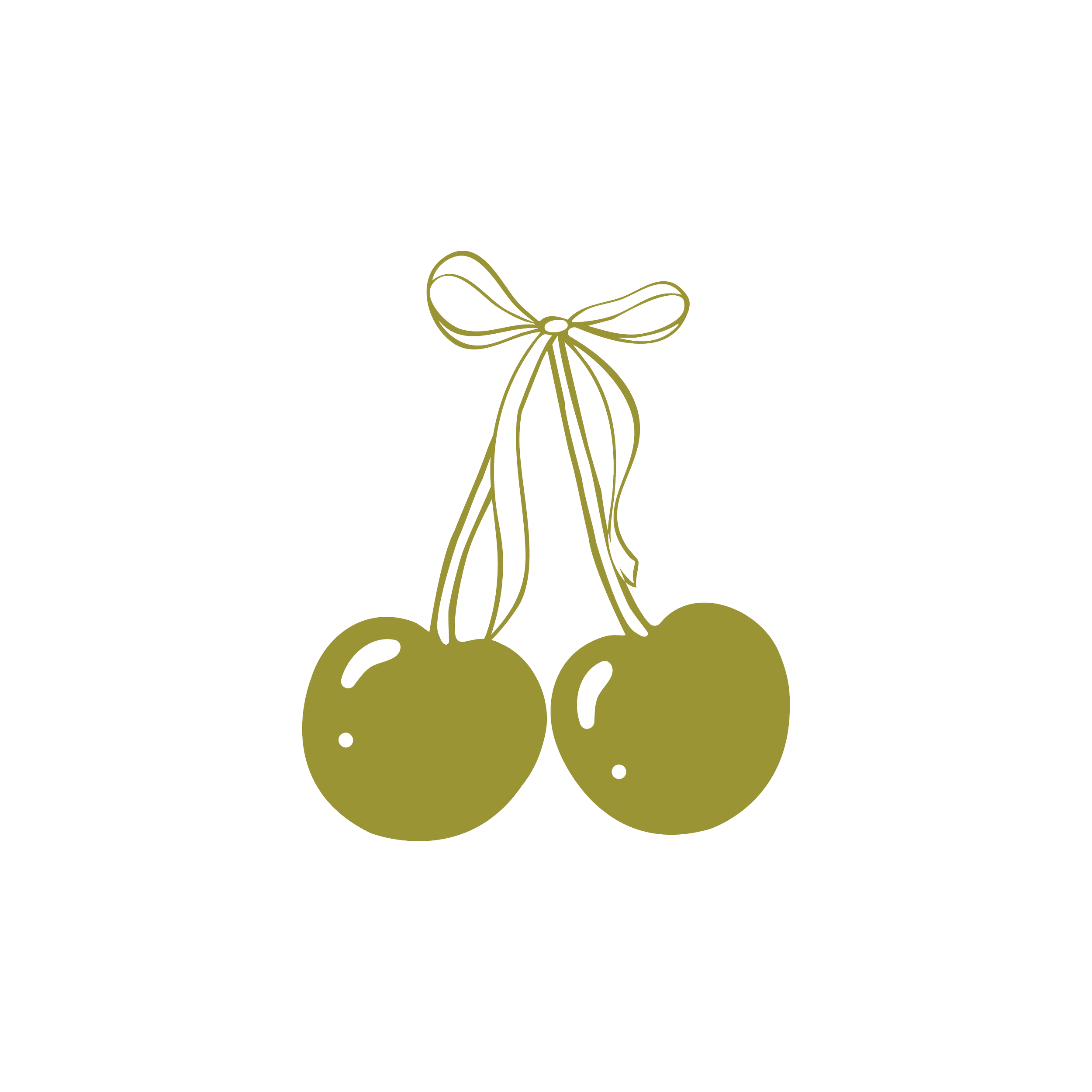 A black background with a drawing of two green cherries tied together with a green bow at the top.