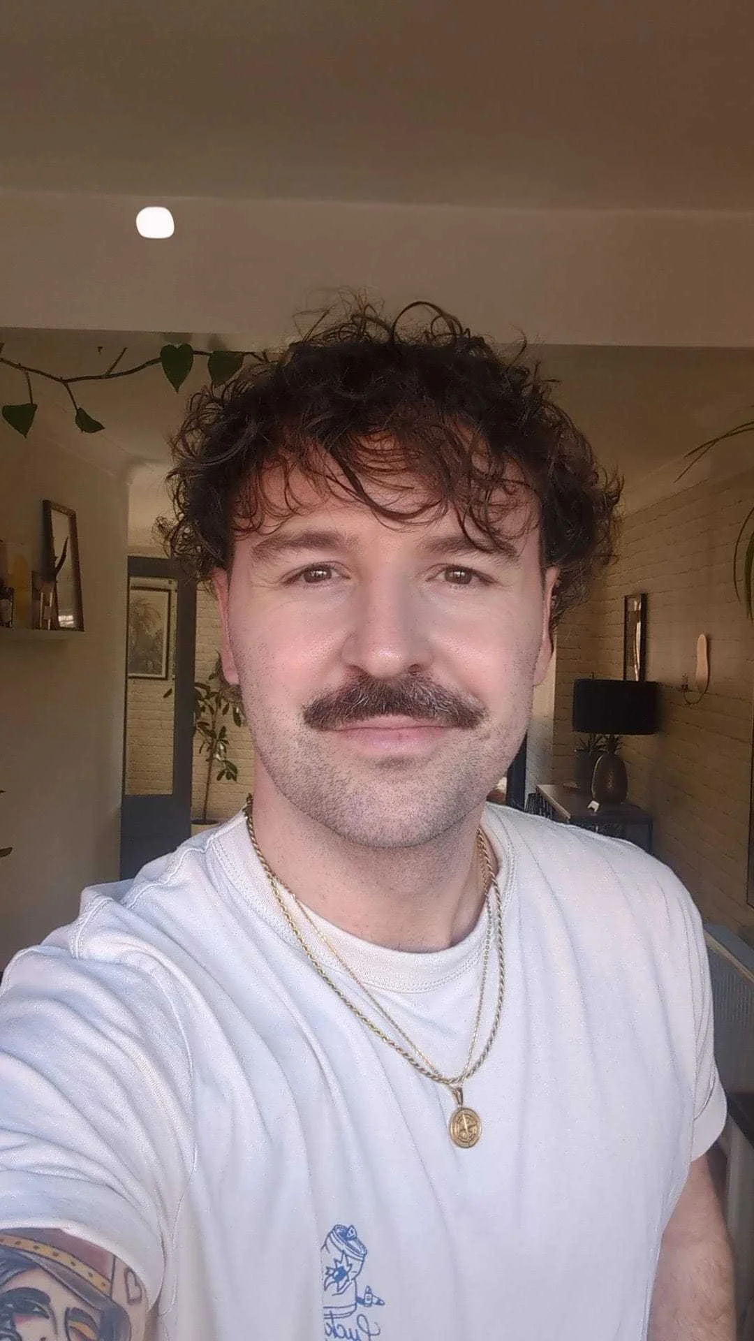 A man with curly hair, a mustache, and light skin taking a selfie indoors. He is wearing a white t-shirt with a small blue design, layered necklaces, and has tattoos on his arm. The background features a living space with plants, framed pictures, shelves, and a black lamp.