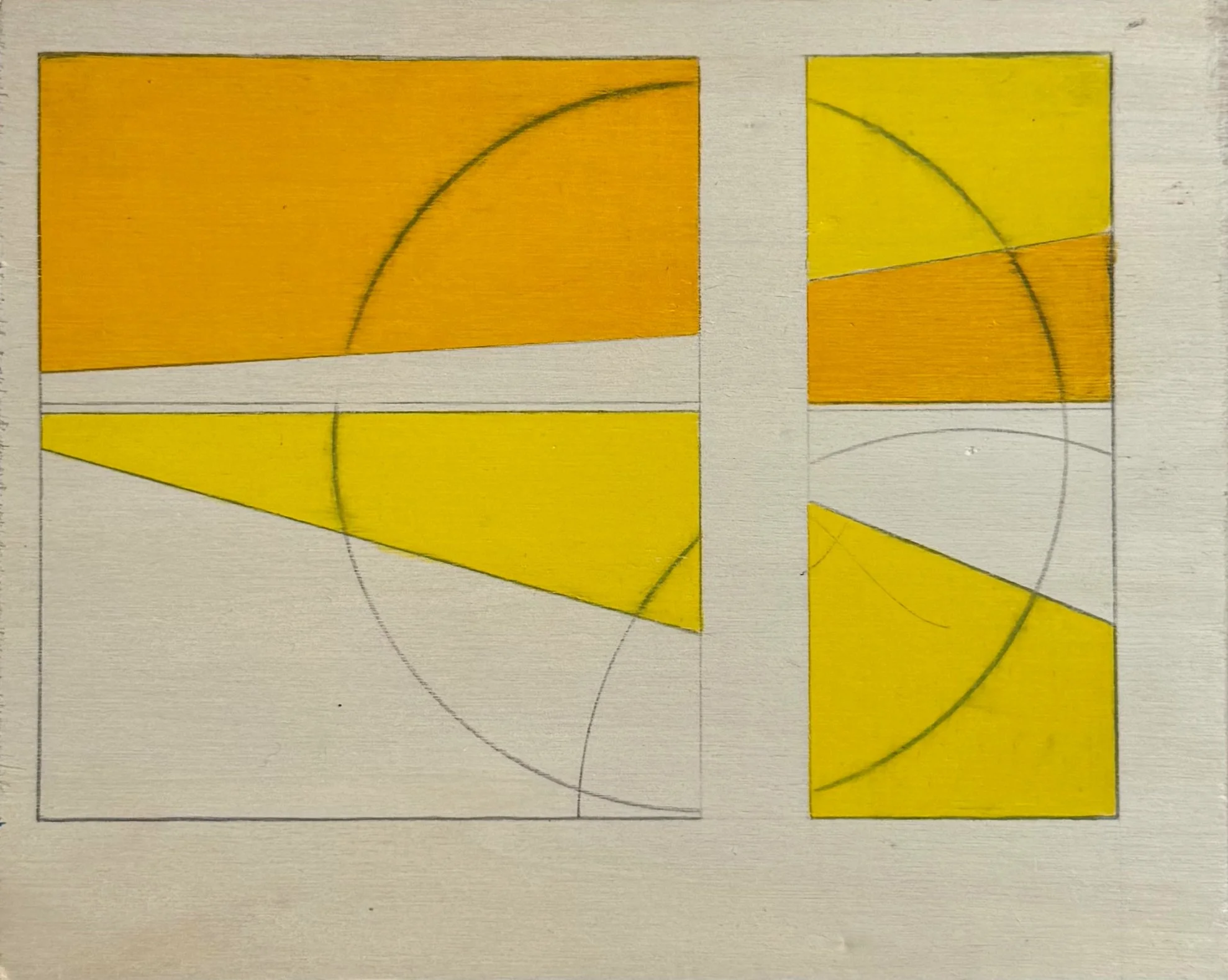 Untitled (small yellow and orange
composition 2), 2025. Colored pencil and
graphite on wood, 6 x 7.5 inches.