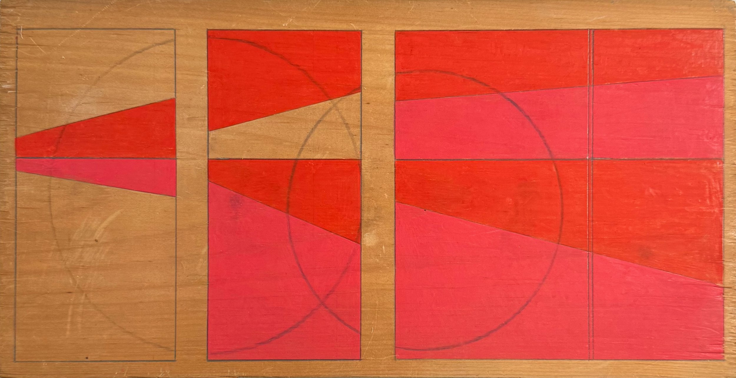 Untitled (reds composition), 2025. Colored pencil and graphite on wood, 5.5 x 10.75
inches.