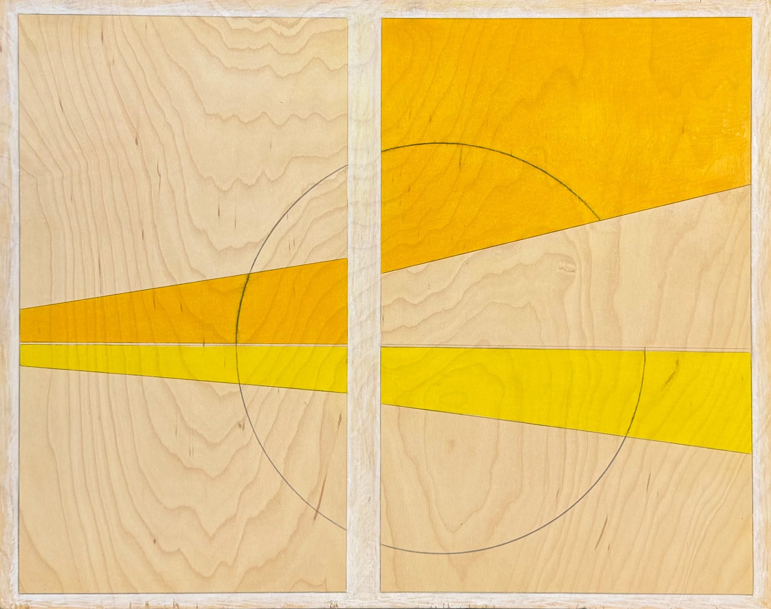 Untitled (yellow and orange composition),
2025. Colored pencil and graphite on wood, 15
x 19 inches.