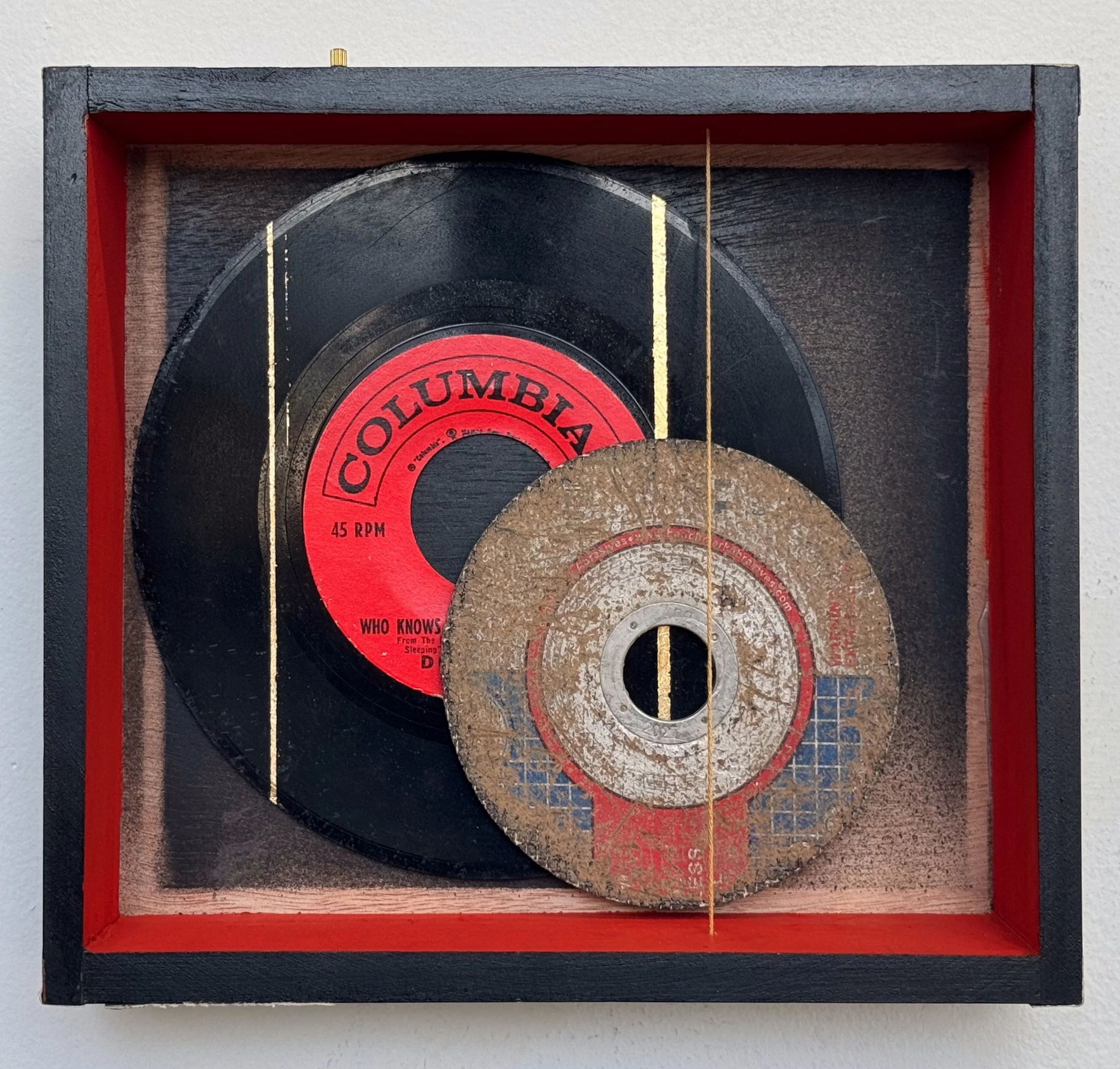 Untitled (Who Knows), 2025. Cigar box, found objects, embroidery floss, gold leaf, gouache. 10 x 10.5 x 2 inches.