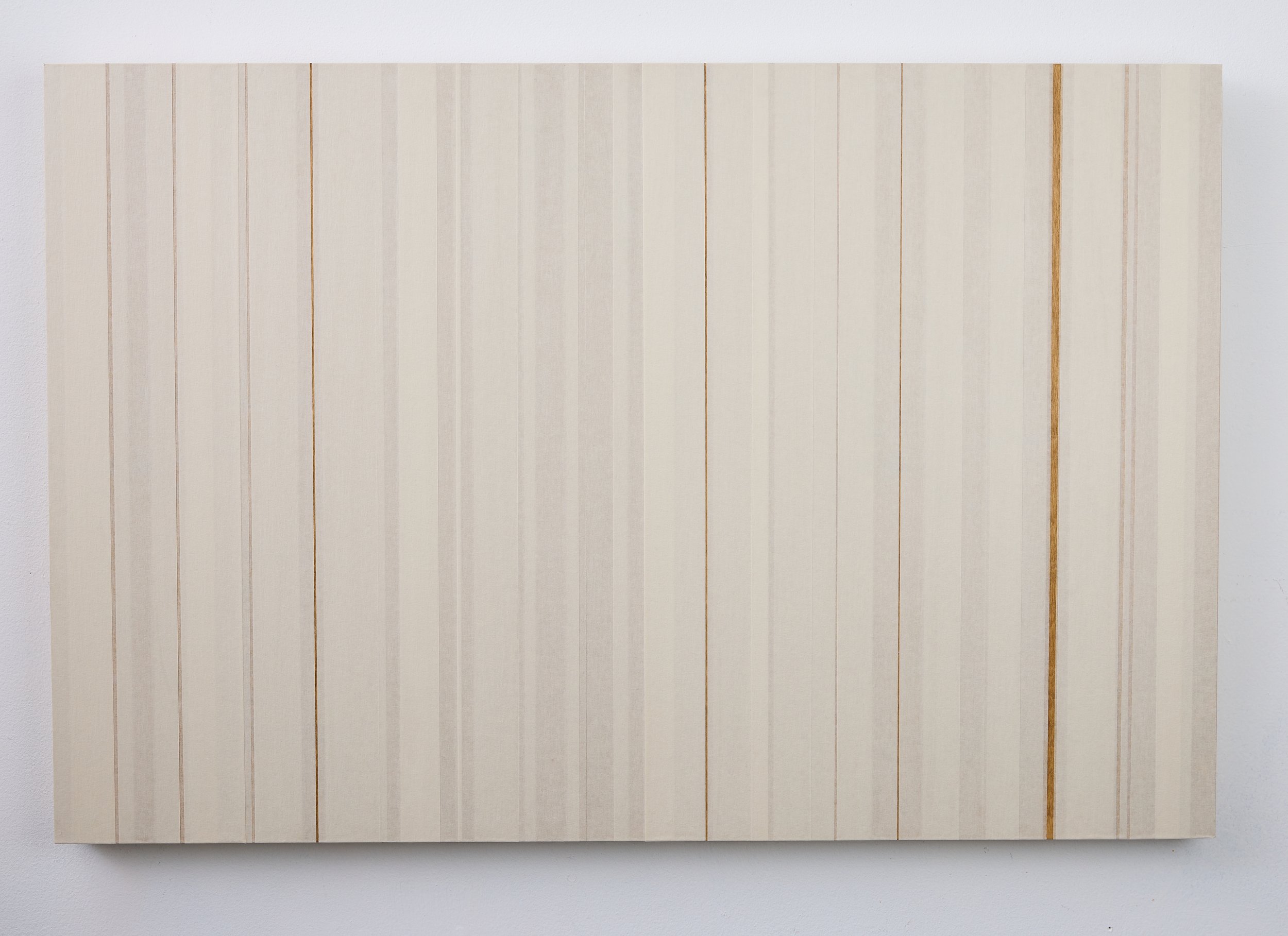 Beige 1, 2024. Masking tape on stained wood panel, 24 x 36 inches.