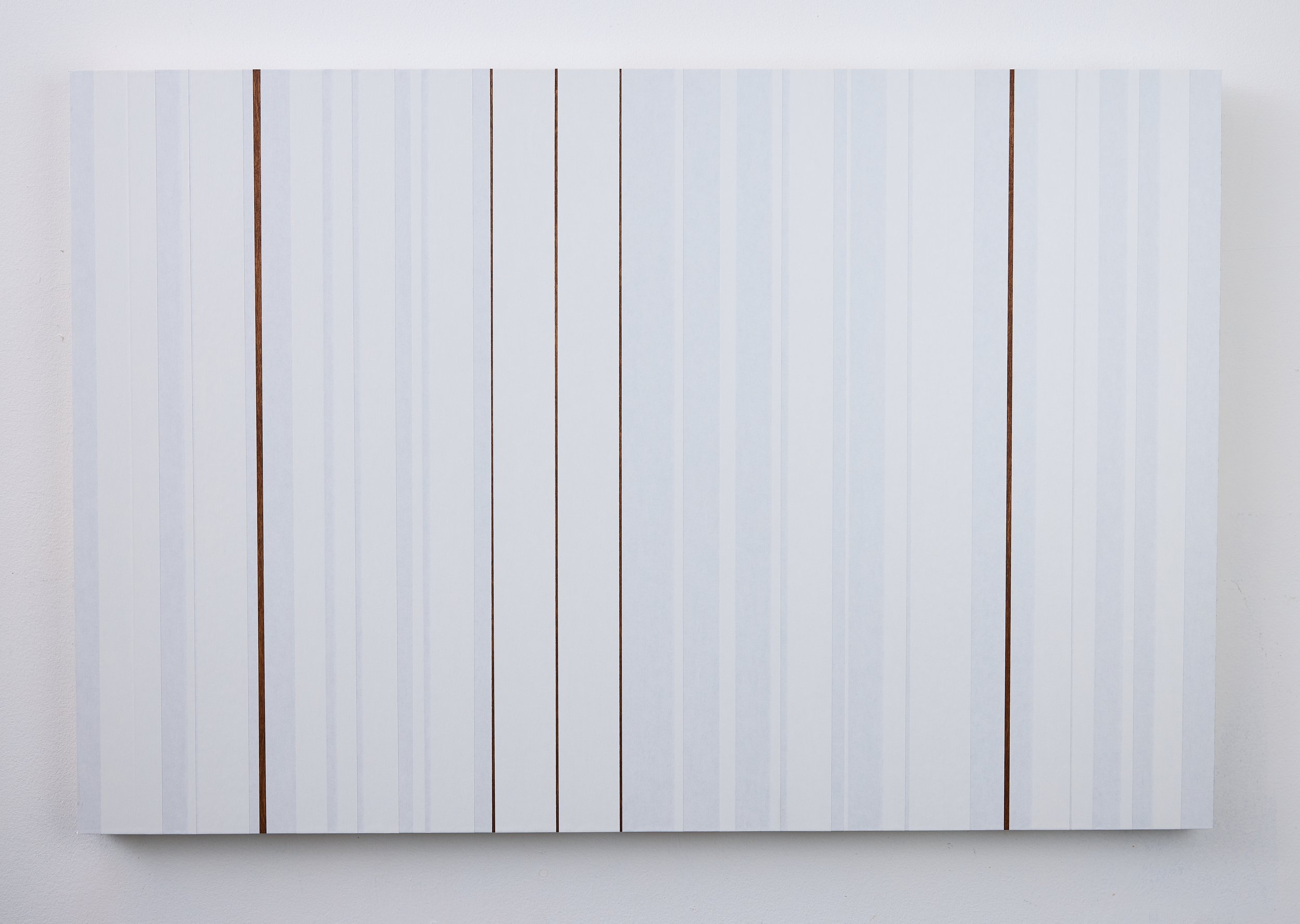 White 2, 2024. Artist tape on stained wood panel, 24 x 36 inches.