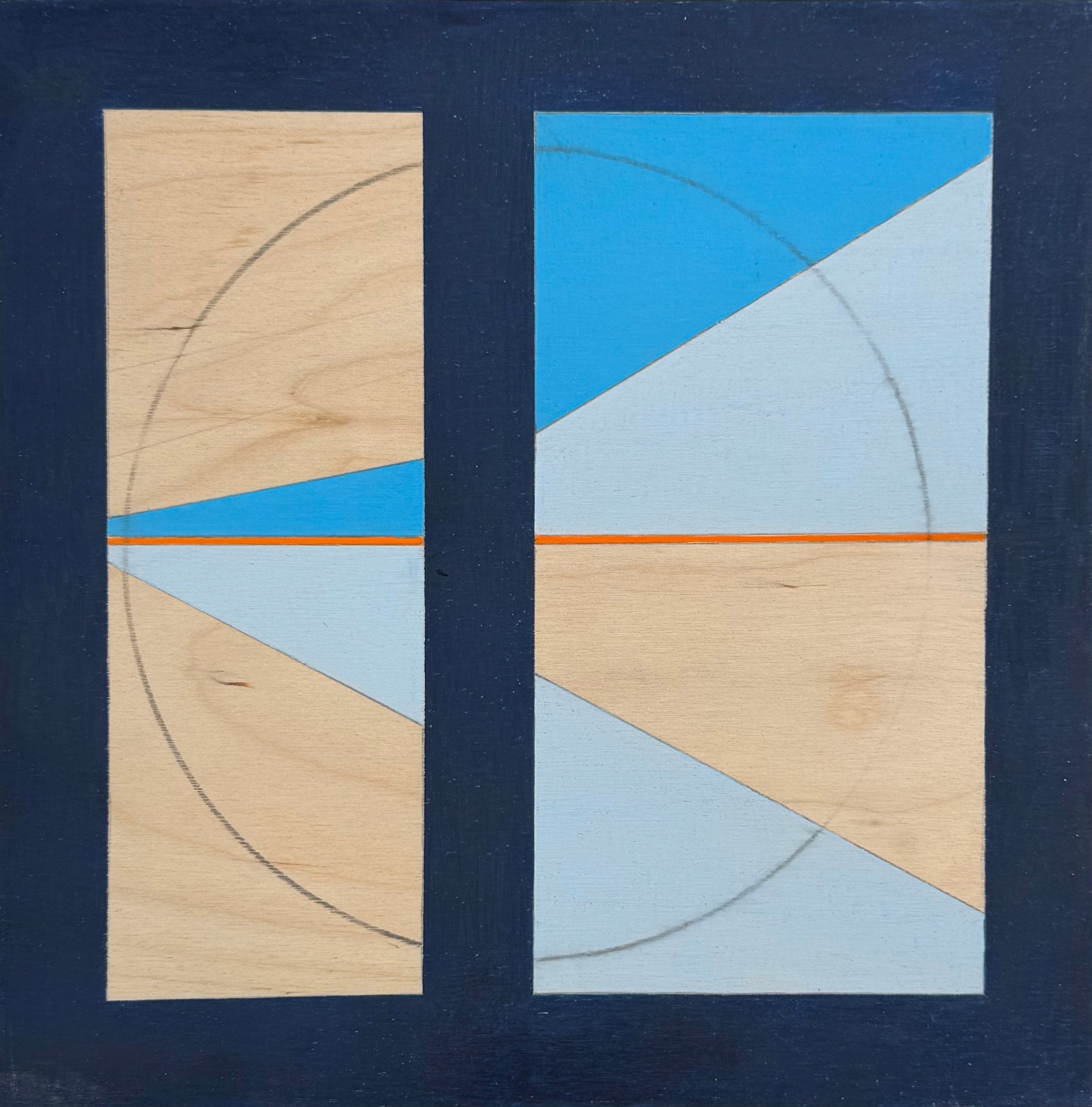 Untitled (blue and orange composition 1), 2025. Colored pencil and graphite on wood panel, 10 x 10 inches.