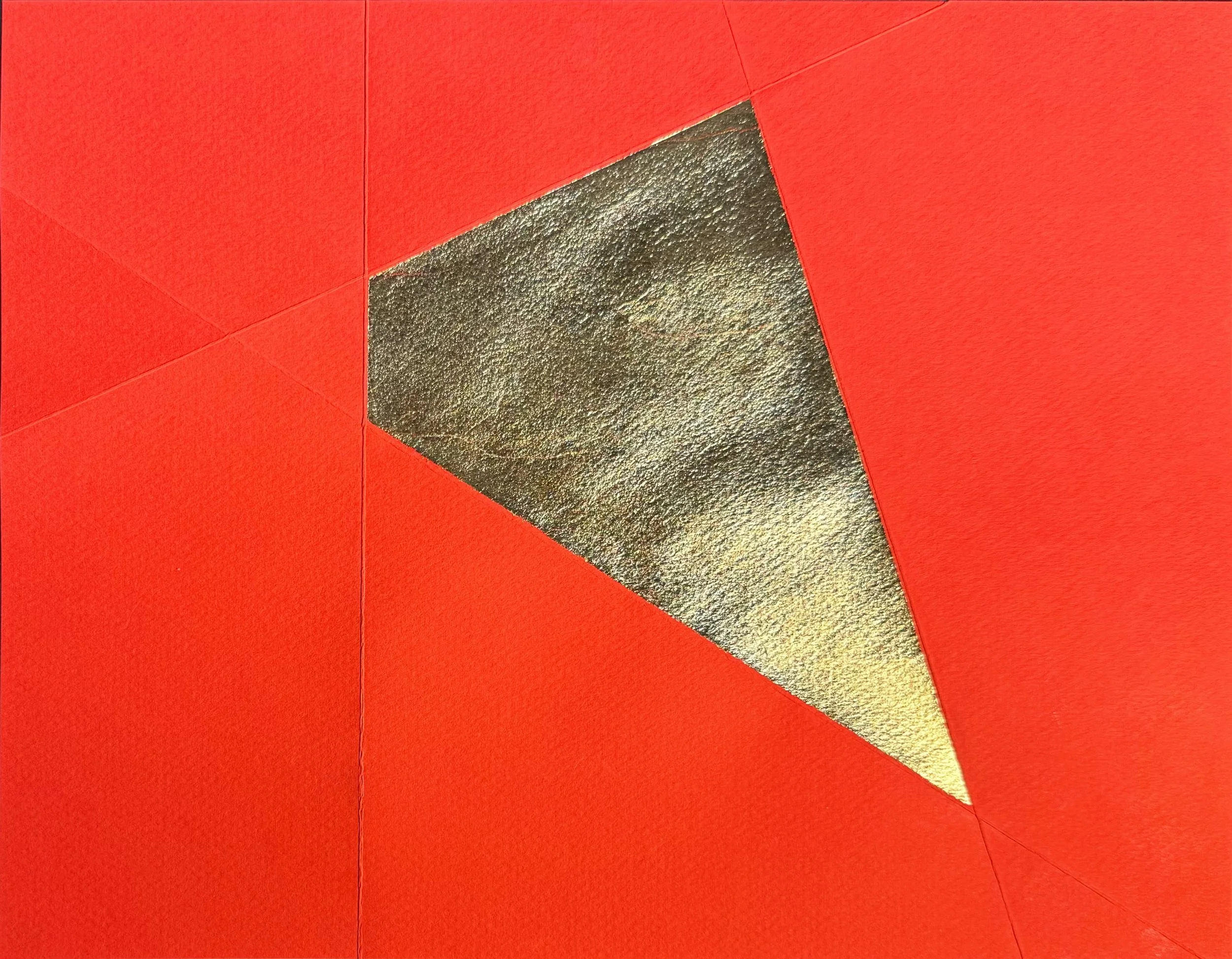 Gold on red 1, 2025. Gold leaf on paper, 8.5 x 11 inches.