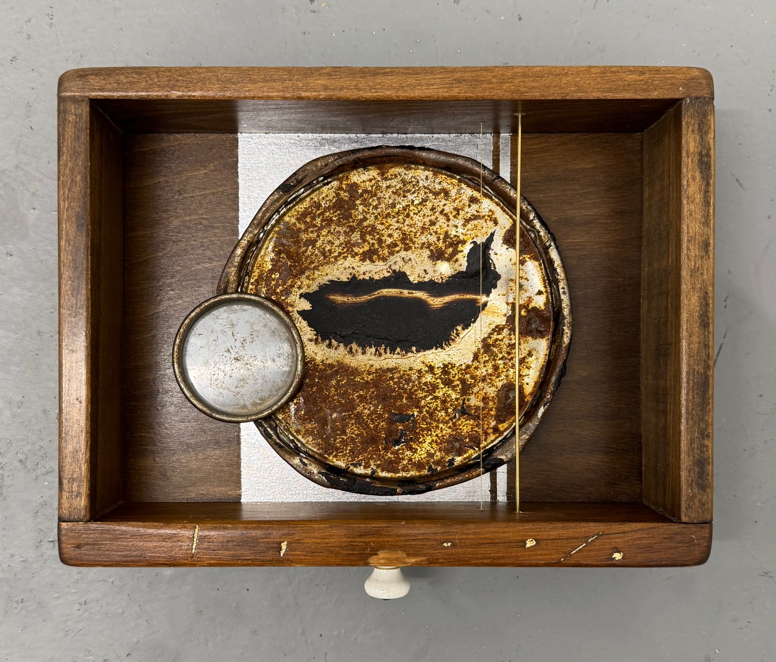 Untitled (drawer 4), 2025. Found objects, silver leaf, gold leaf, thread, 8.5 x 10.25 x 3 inches.