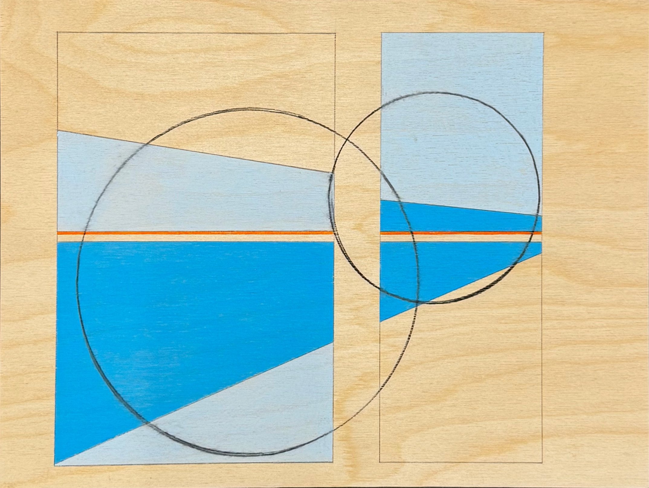 Untitled (blue and orange composition 2),
2026. Colored pencil and graphite on wood
panel, 9 x 12 inches.