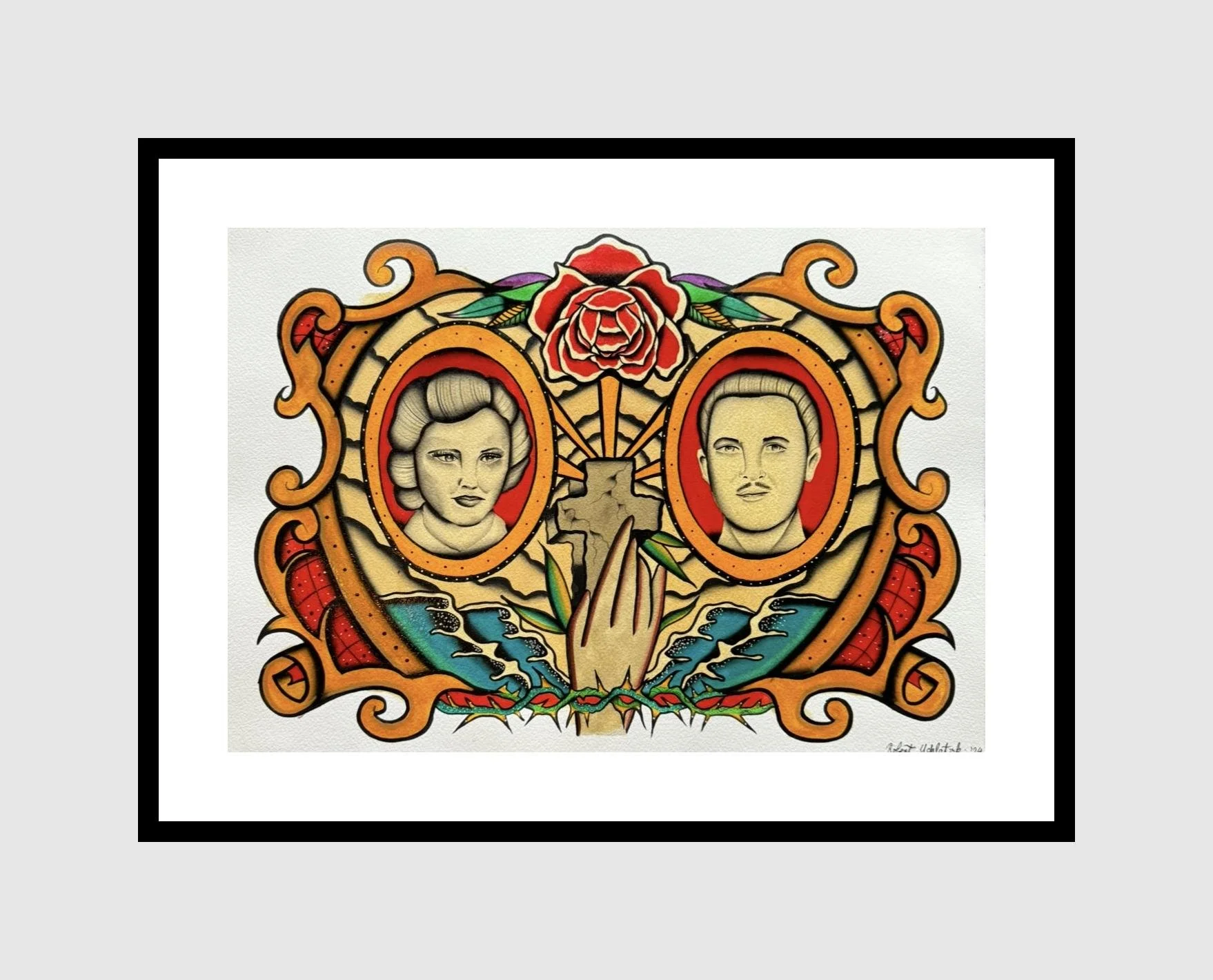 Tattoo-style artwork featuring two vintage portraits, a rose, praying hands, a cross, and elaborate scroll designs in vibrant colors.