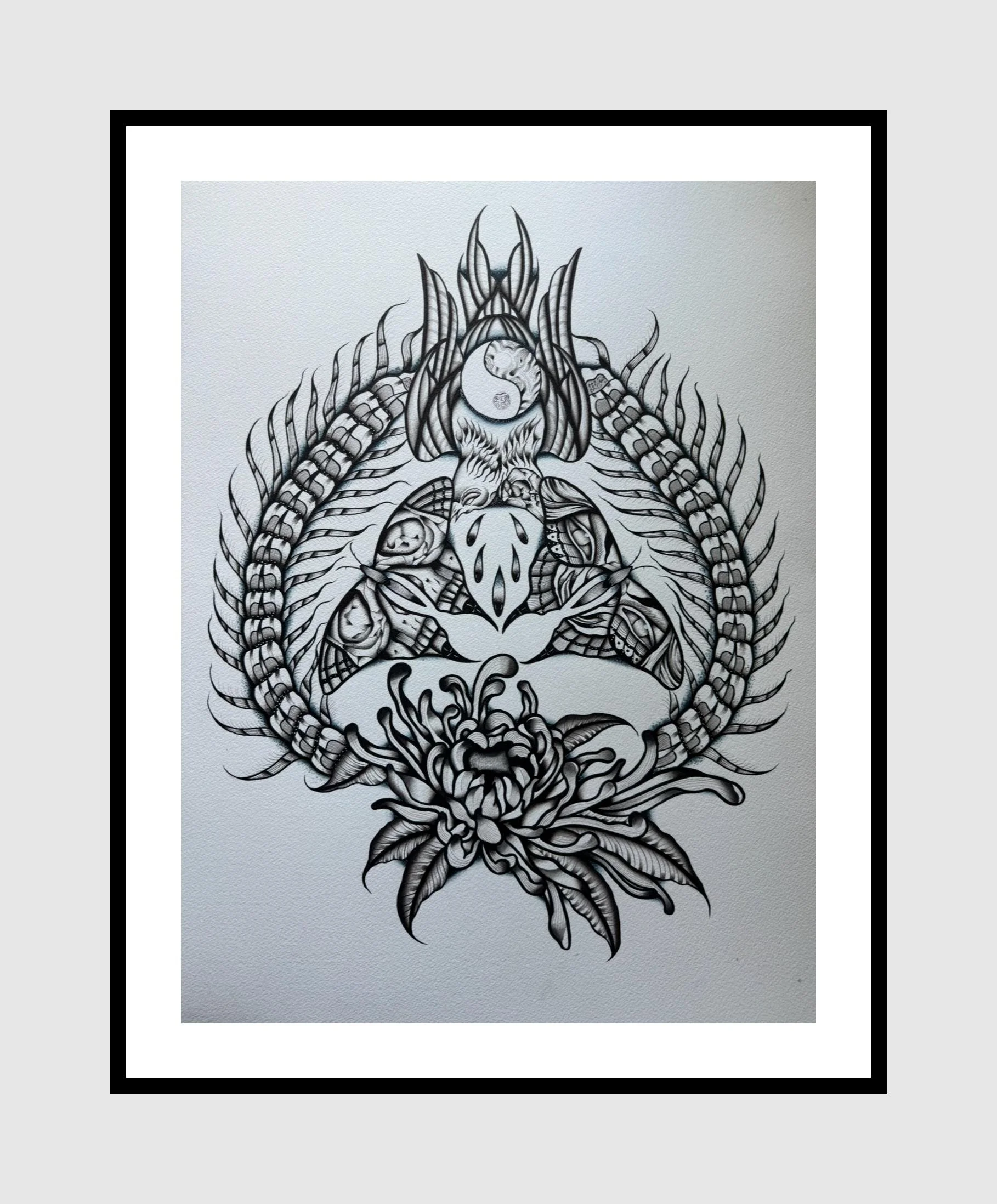 Intricate black and white abstract tattoo design with floral and geometric elements, featuring a central circular motif with symmetrical patterns around it.
