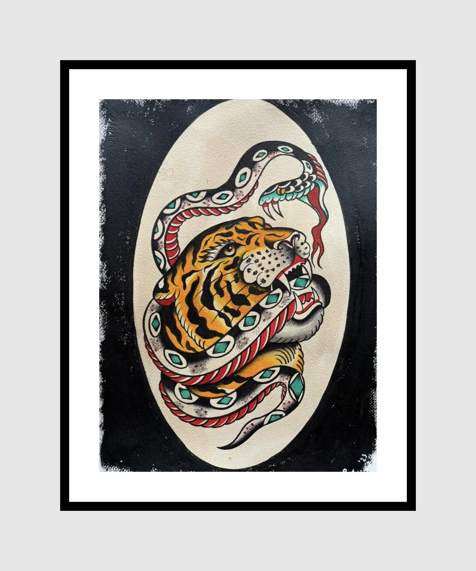 Tattoo design of a tiger intertwined with a snake on an oval background.