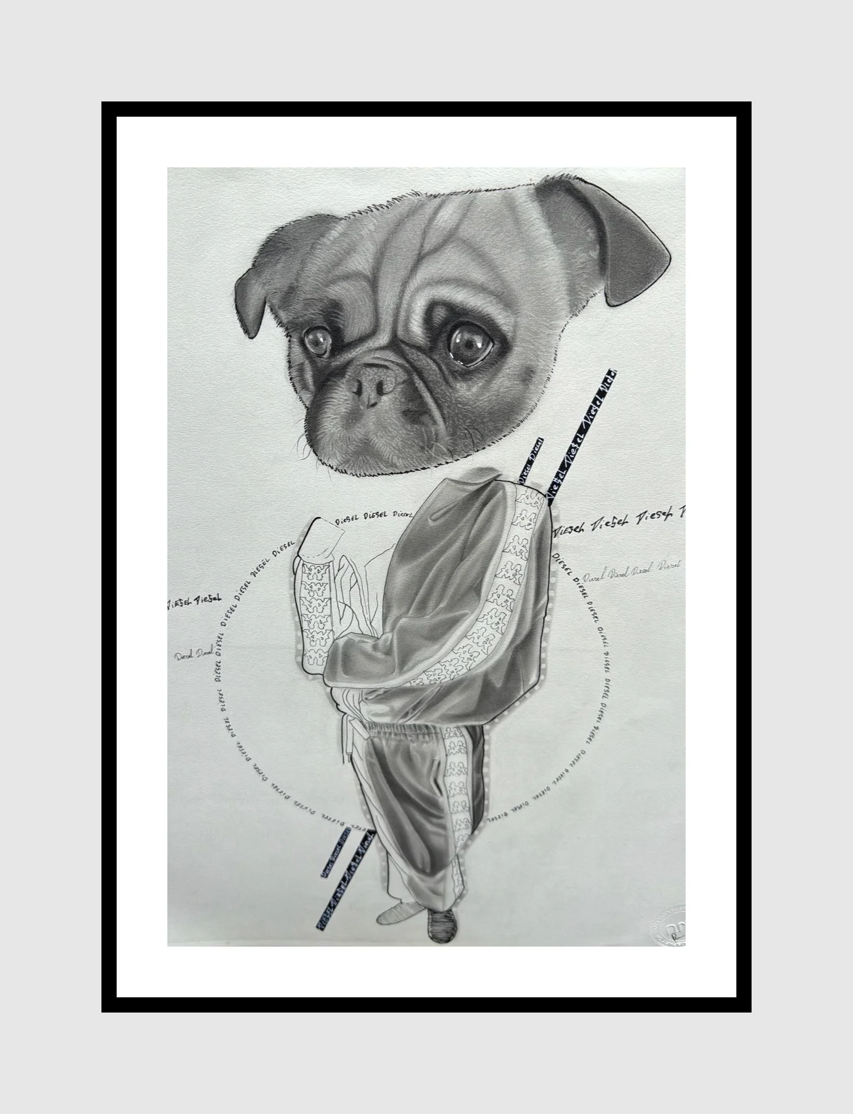 Surreal drawing of a pug with a human body wearing European sweatsuit, accompanied by circular text and patterns, framed.