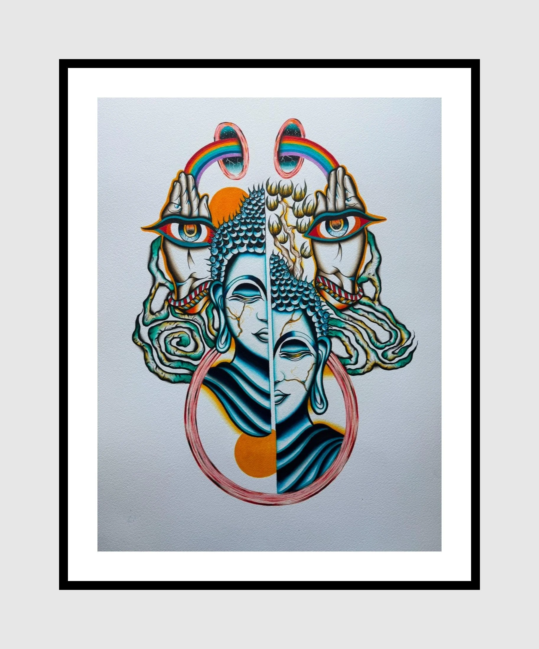 Colorful surreal artwork featuring a symmetrical design with two Buddha-like faces, hands with eyes, rainbow arches, and abstract elements like geometric patterns and waves.