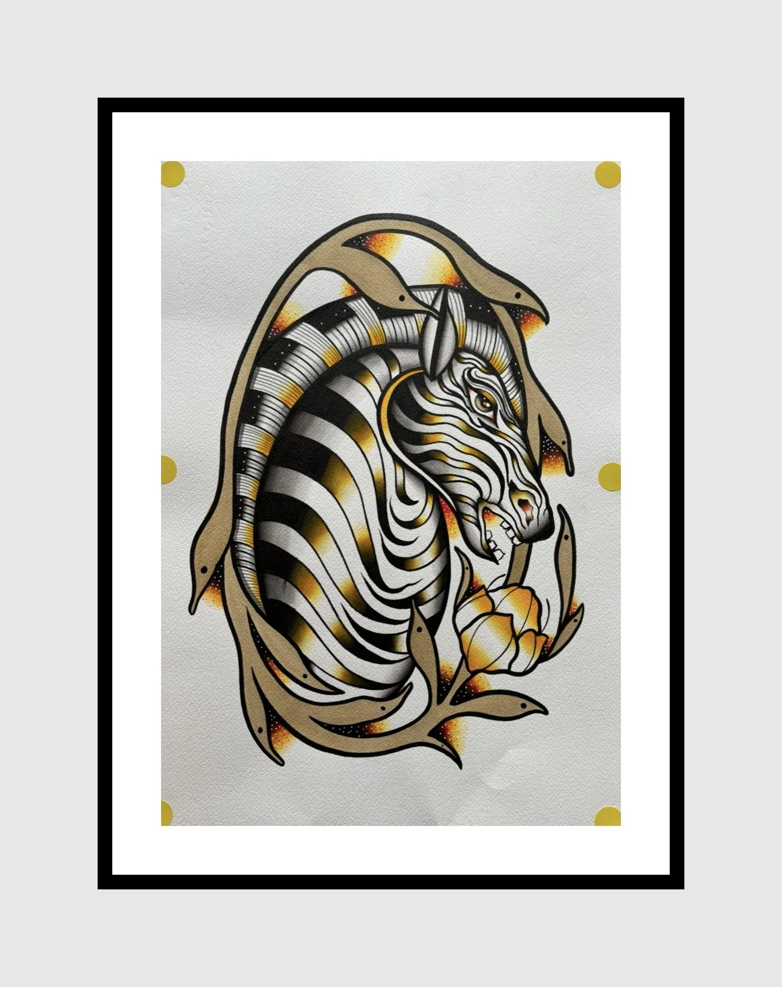 Illustration of a zebra with stylized black, white, and gold stripes, surrounded by abstract designs, framed.