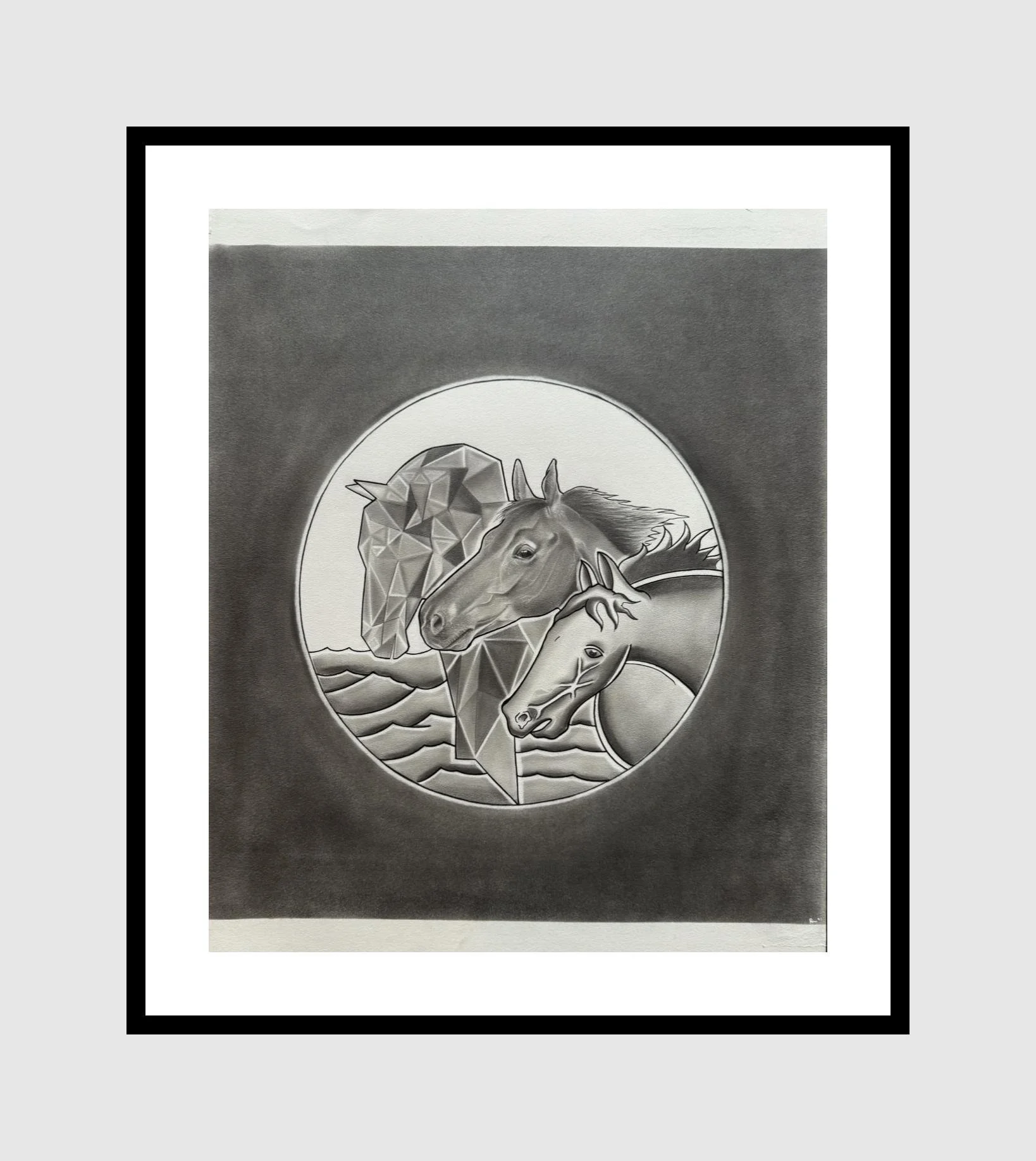 Black and white illustration of three horse heads inside a circle, with geometric and wave-like background elements.