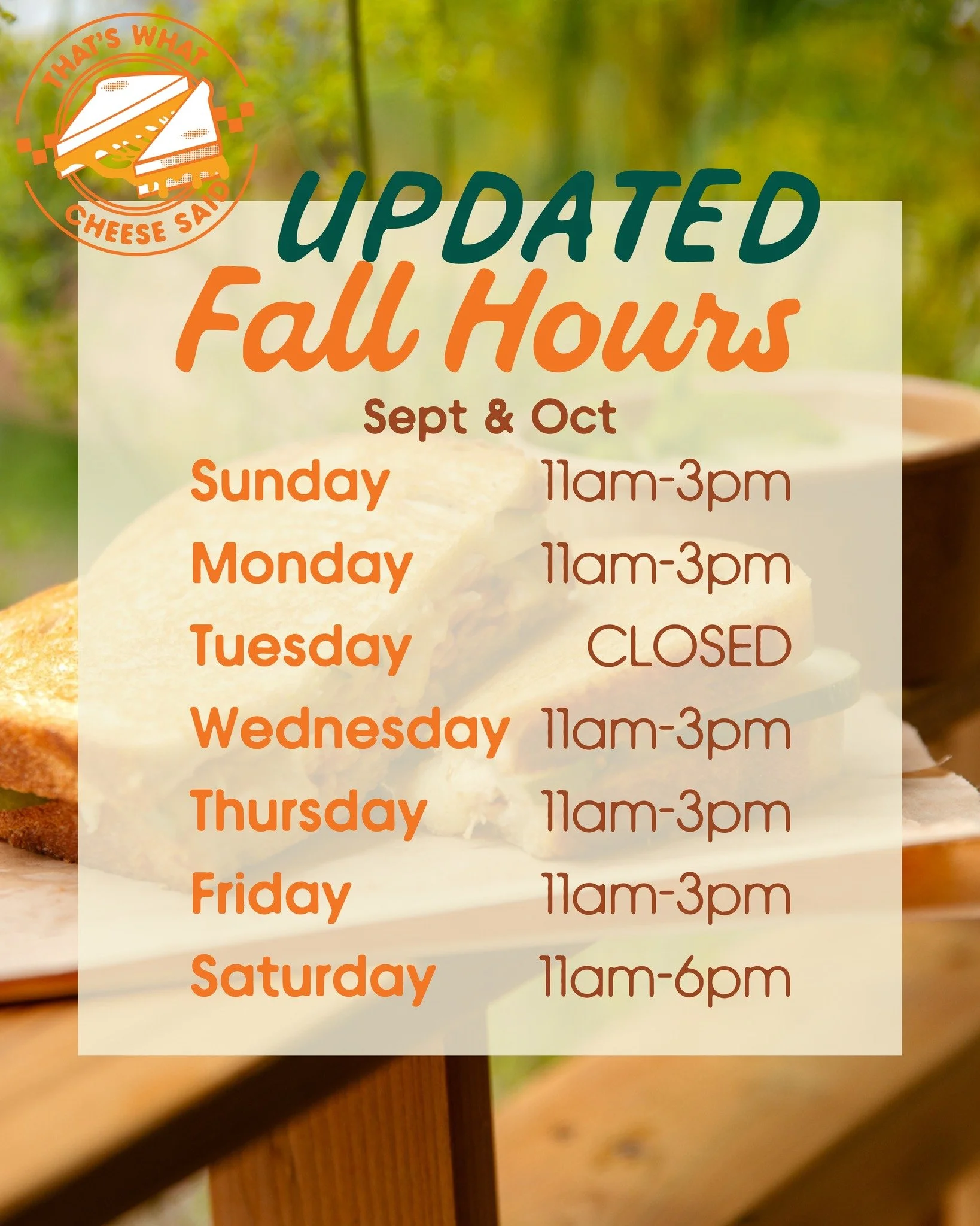 [GF Notice Below]

We&rsquo;re shuffling our hours around again to see what works best! Starting tomorrow (Sept 15), we'll be lunch-only most days, and open again on Wednesdays and Thursdays. Saturday will remain 11am - 6pm. 

And a quick note for ou