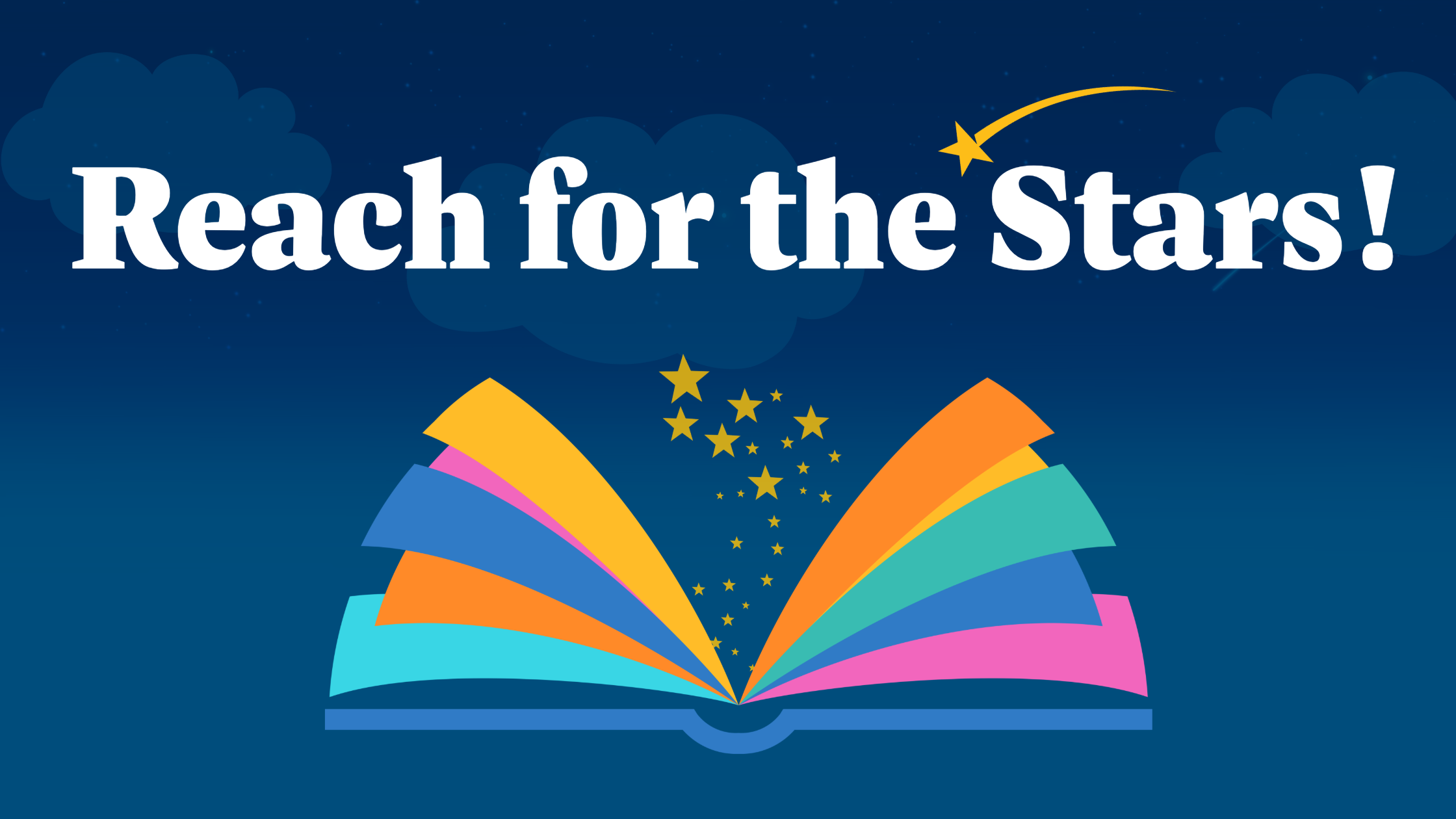 A blue footer with the same imagery as the header. White text reads "Reach for the Stars"