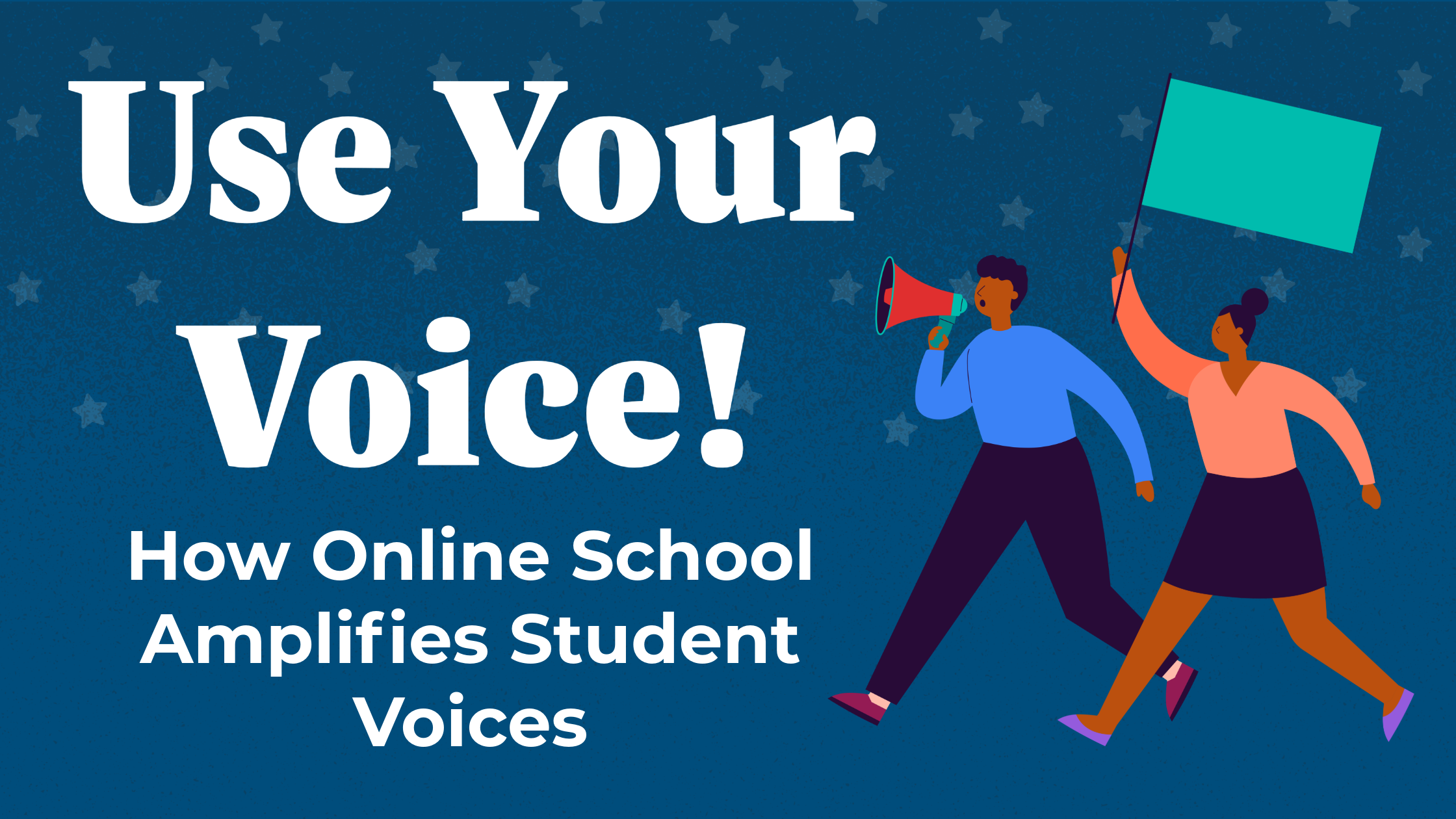 A blue header with two figures, one holding a megaphone