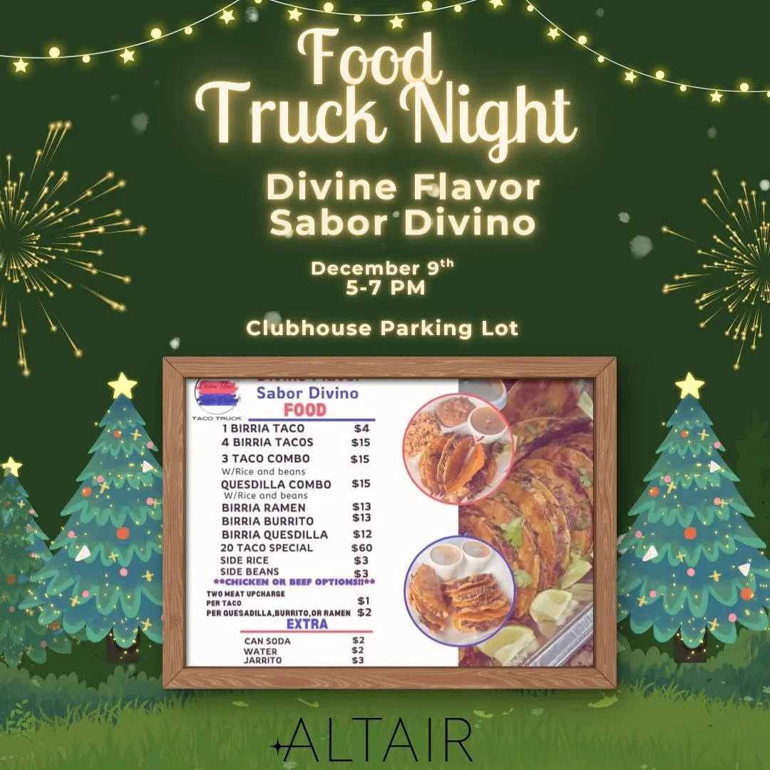 December 9th is food truck night! Don&rsquo;t feel like cooking? You don&rsquo;t have to! Divine Flavor food truck will be here for all of your taco needs and wants! 🌮
