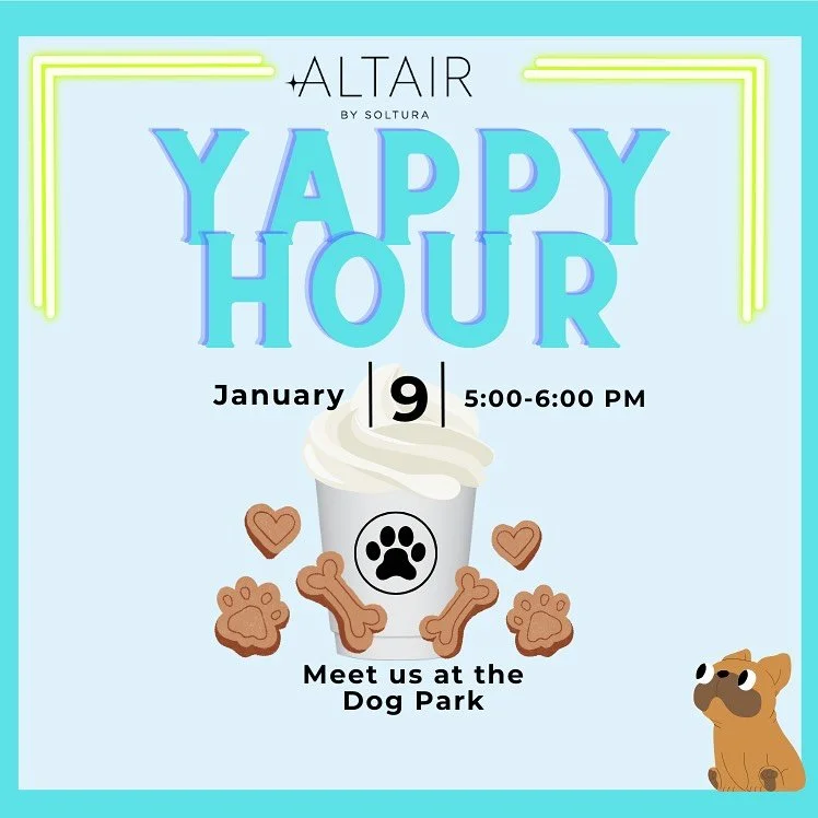 Happy hour tomorrow from 5-6pm! Bring your pups for a pup cup and some treats!! We will also be taking photos for this months Pet of the Month!