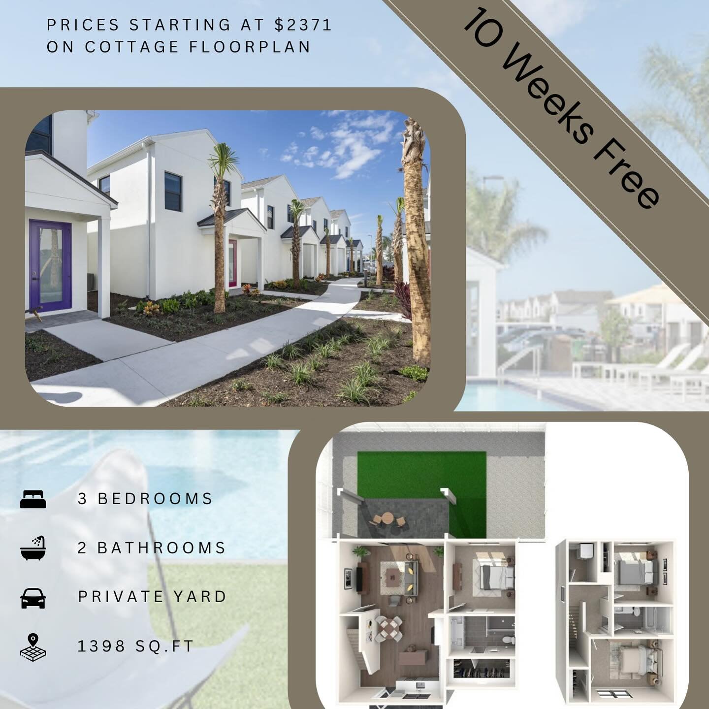 10 weeks free! Come check out our amazing 3 bedroom floor-plan today! This special will not last. First come first serve basis! Give us a call at 239 922 1700 to secure your brand new home today.