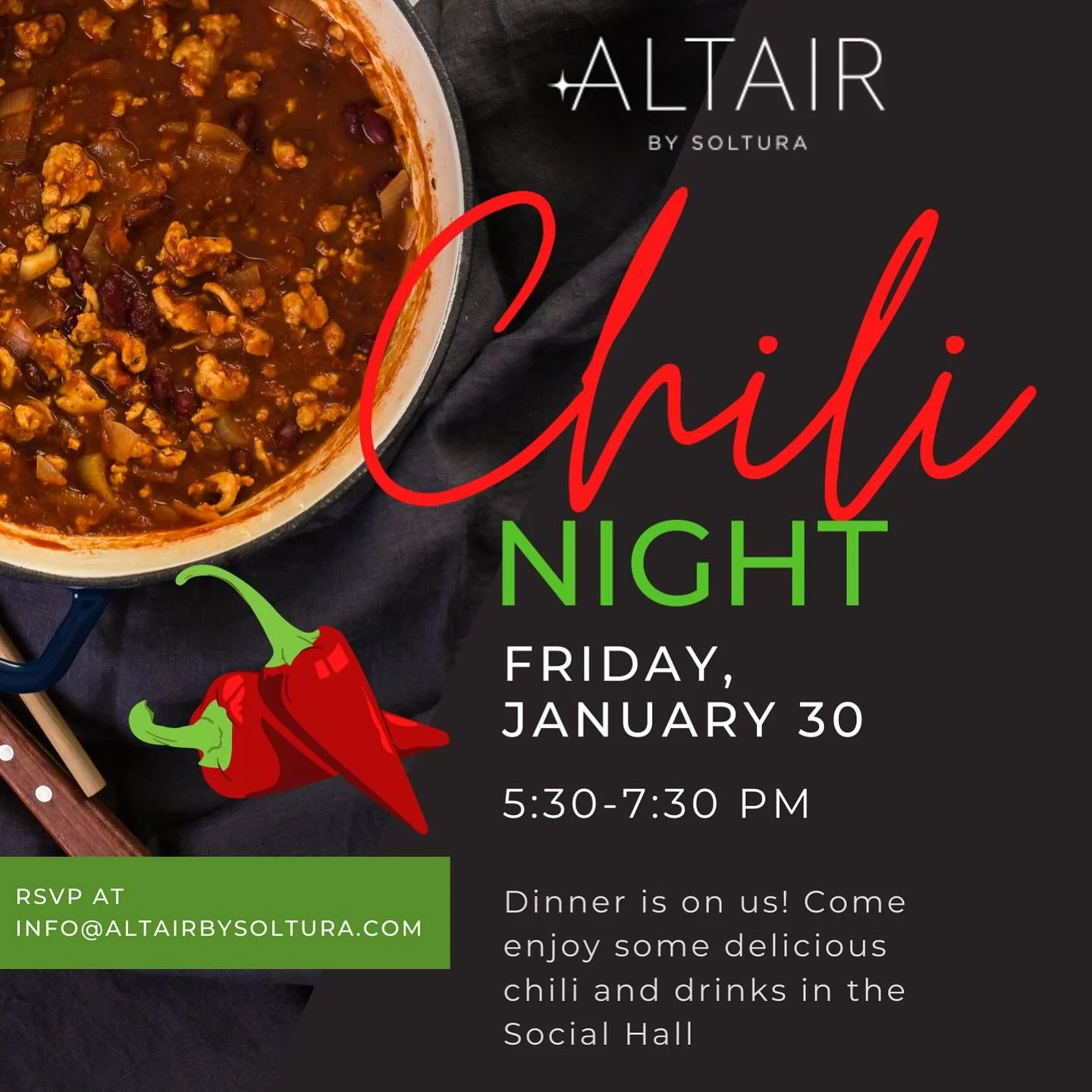 Spice up your week at our resident chili night 🌶️🏡 See you next Friday!! 

#AltairbySoltura #HomesforRent