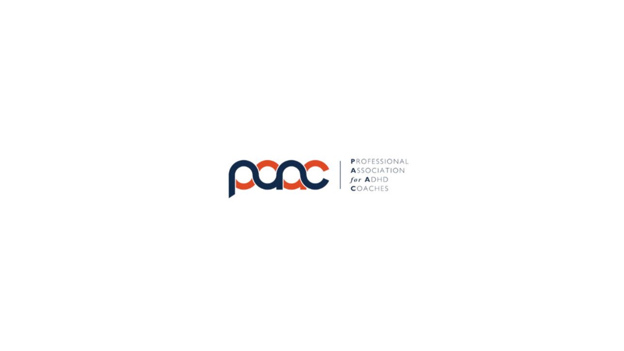 Logo of the Professional Association for ADHD Coaches (PAAC) with the acronym 'paac' in stylized navy blue and red letters, and text indicating it is an organization for ADHD coaches.