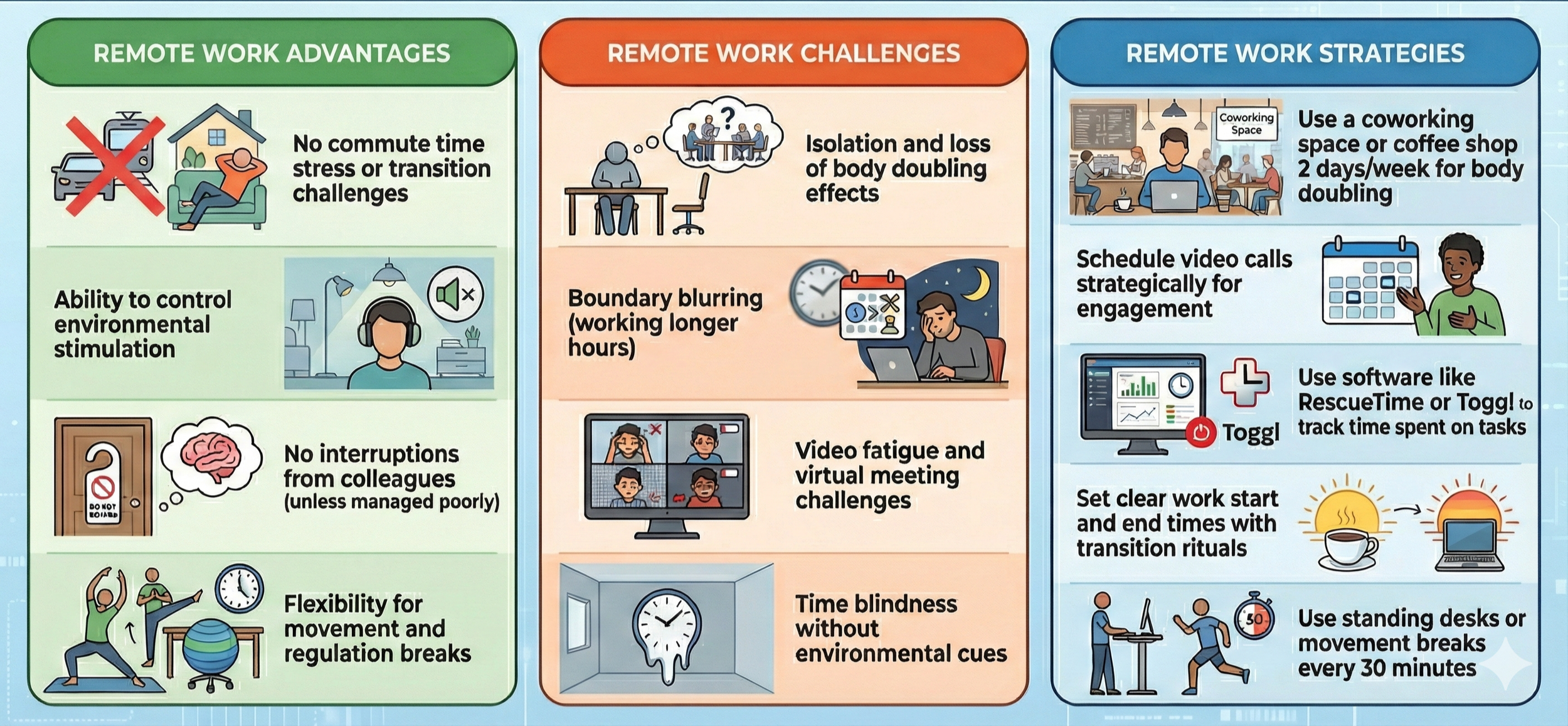 Infographic titled 'Remote Work Through an ADHD Lens' showing three columns: advantages including no commute and environmental control; challenges including isolation, boundary blurring and time blindness; strategies including co-working and software