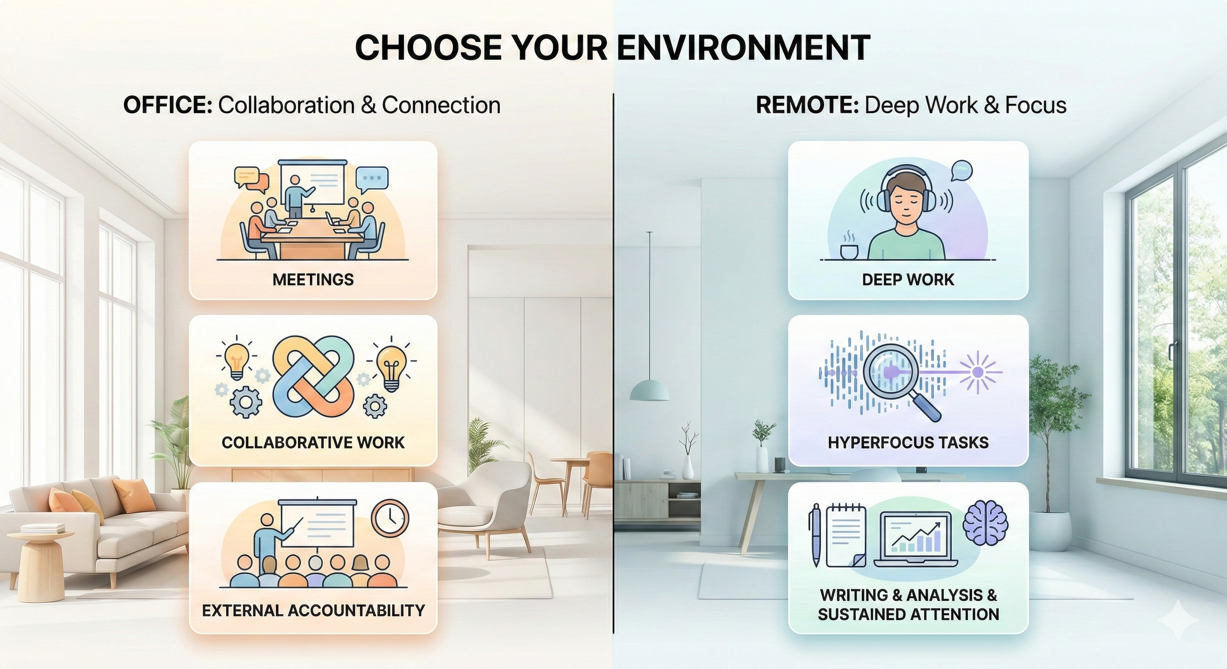Infographic showing how to choose your work environment with ADHD; office for meetings, collaborative work and external accountability; remote for deep work, hyperfocus tasks, and writing and analysis