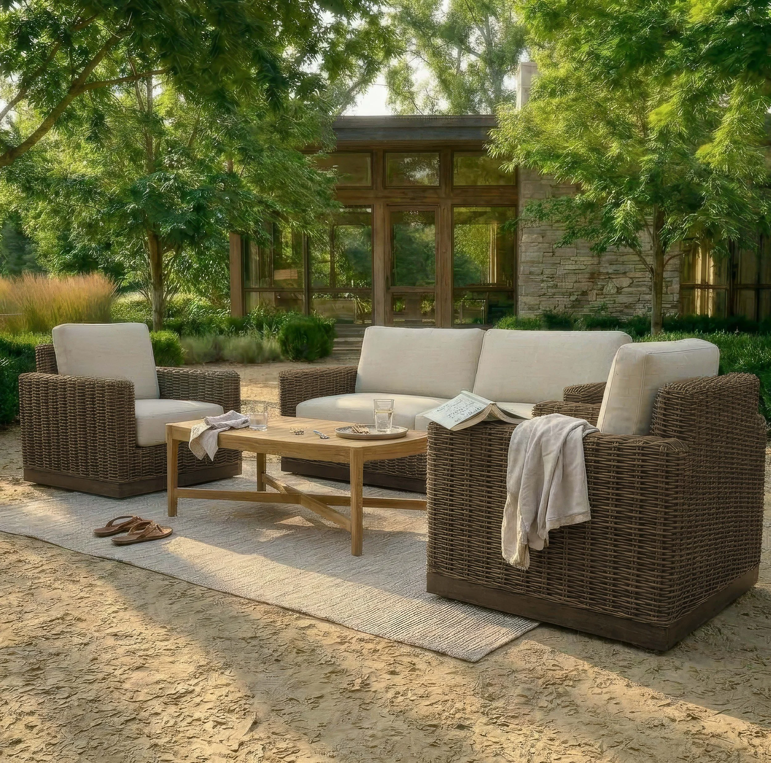 Cozy living room with two wicker armchairs with white cushions, a small wooden coffee table with decorative items, a textured beige rug, a brick accent wall, and a neutral color palette.