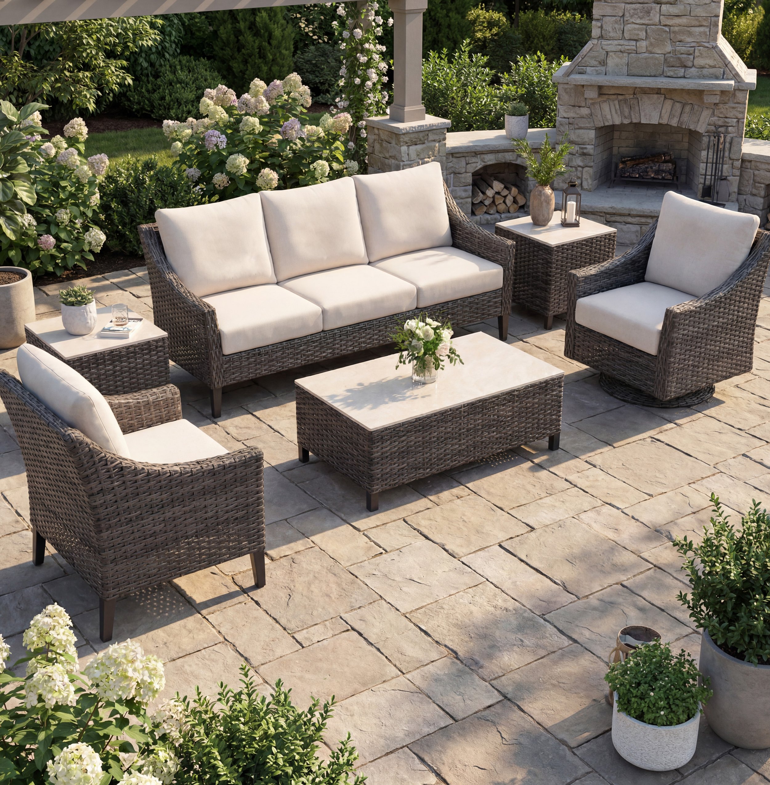 Outdoor patio area with wicker furniture including a sofa and chairs, blue and white striped cushions, coffee table with cups and a plant, stone paving, greenery on the wall, large window with wooden frame.