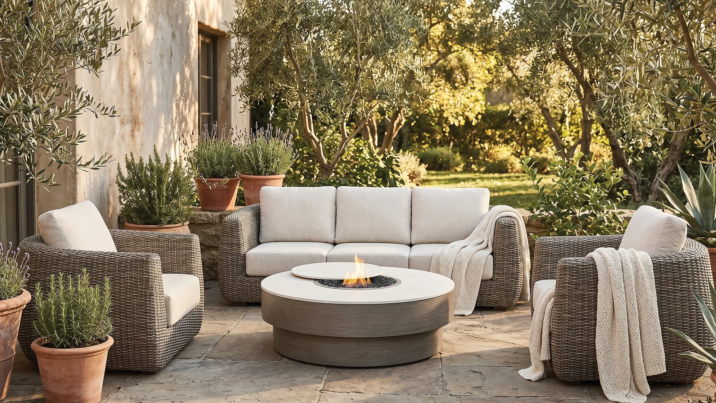 Outdoor patio with beige cushioned sofa and matching chairs, a round fire pit with flames, and various potted plants and trees in a garden setting during sunset.
