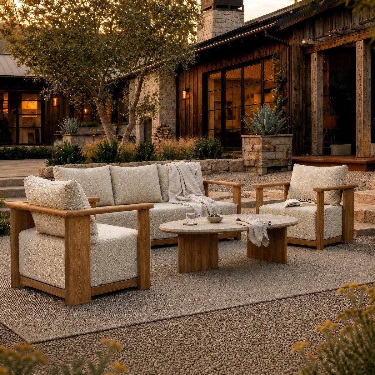 Outdoor seating area with two wicker chairs, a wooden side table, a textured neutral rug, and vine decoration on a white brick wall.