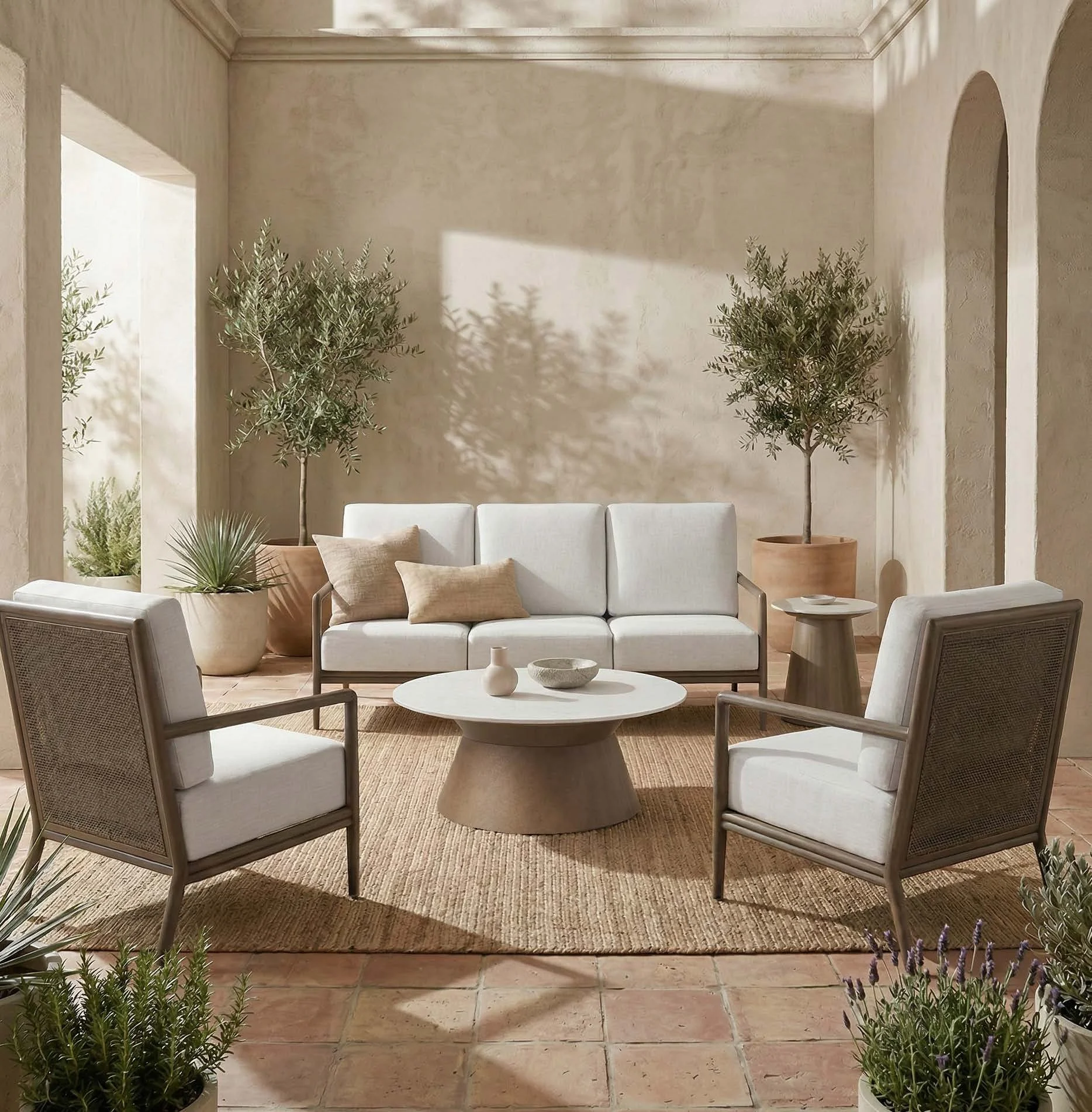 Modern outdoor seating area with a white sofa and two chairs with beige cushions on a beige rug. A round coffee table with a bowl of fruit is centered. A side table with a candle and a small plant is to the left. A tall green tree with yellowish-green leaves is to the right. The background features a white stone wall.