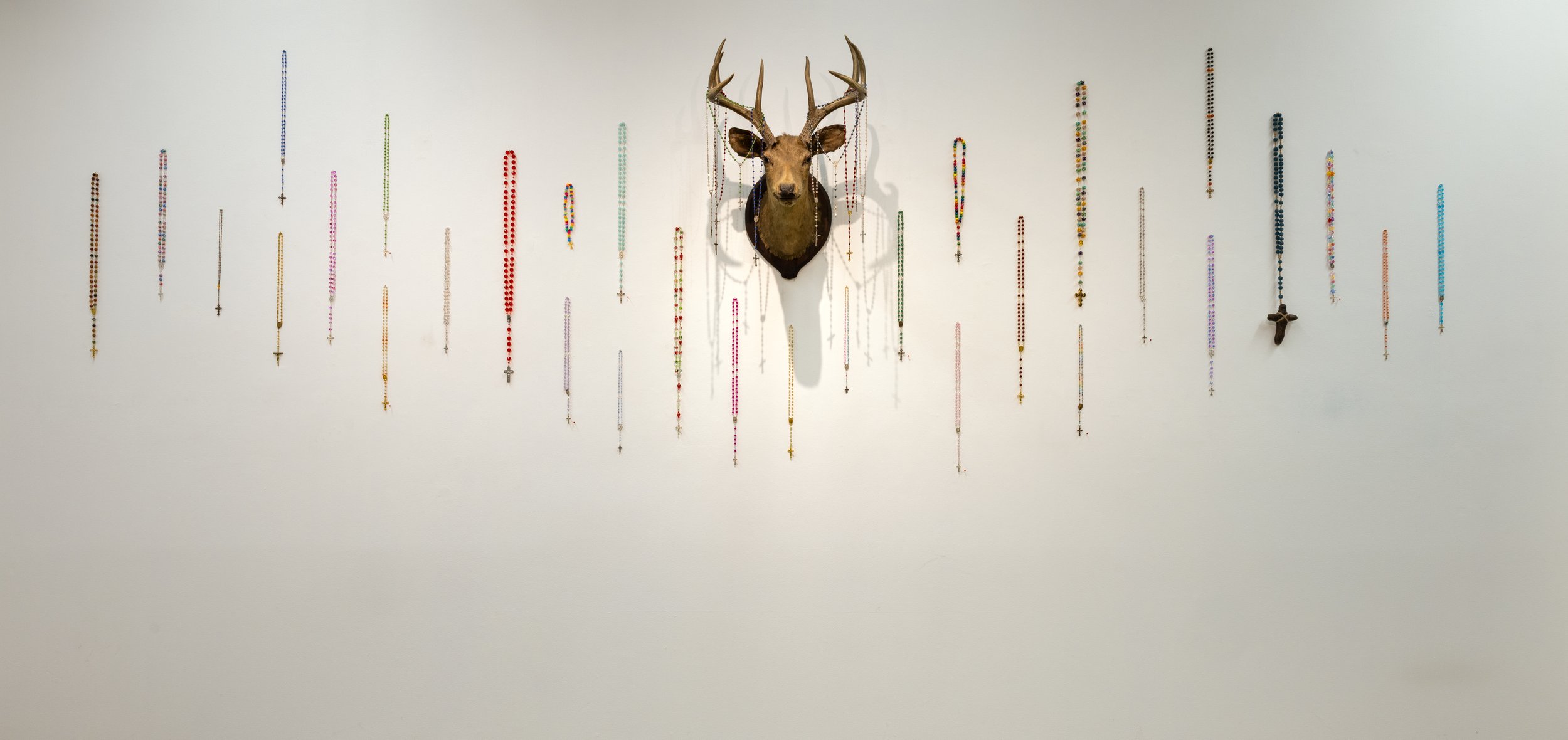 "Rosary Wall" (2025), installation (taxidermy deer, handmade rosaries), sizes vary