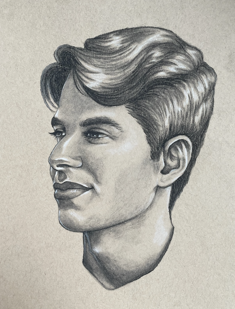 "Chris" (2023), charcoal on toned paper, 9x12"