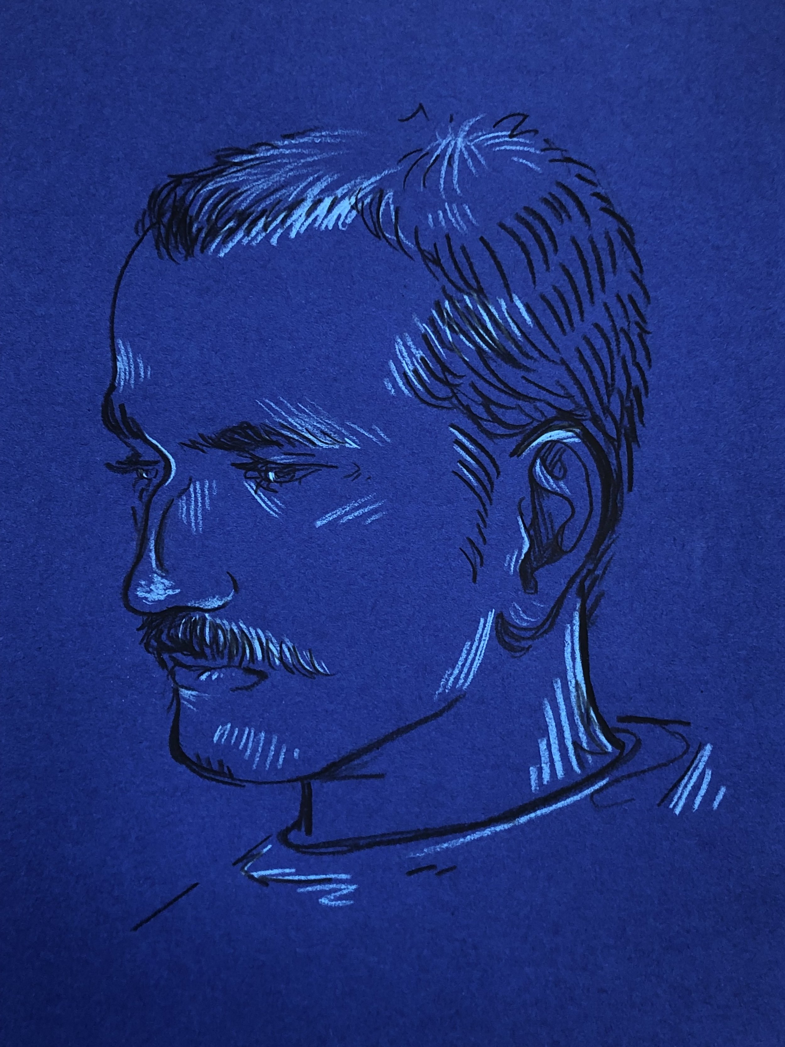 "Cheeseman" (2022), colored pencil on colored paper, 5x7"