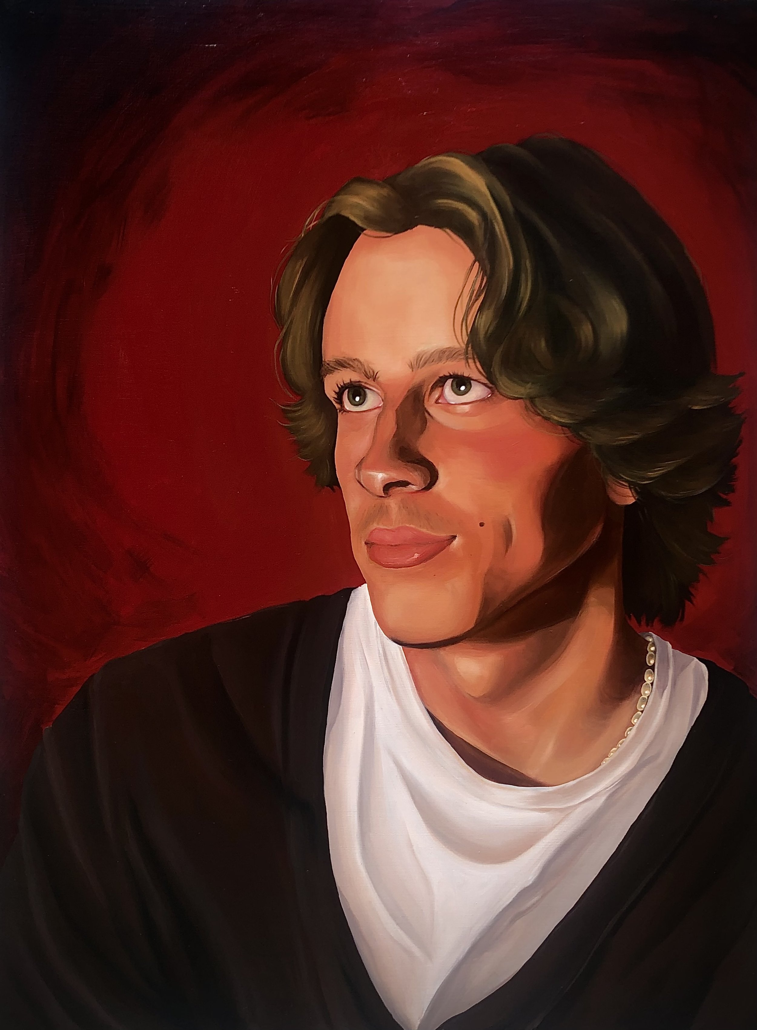 "Boy With a Pearl Necklace" (2022), oil on wood panel, 18x24"