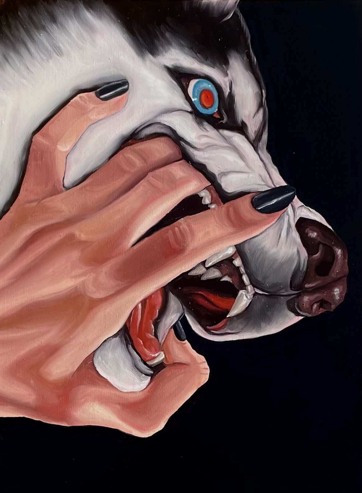 "I Bite the Hand that Feeds Me" (2023), oil on canvas, 18x24"
