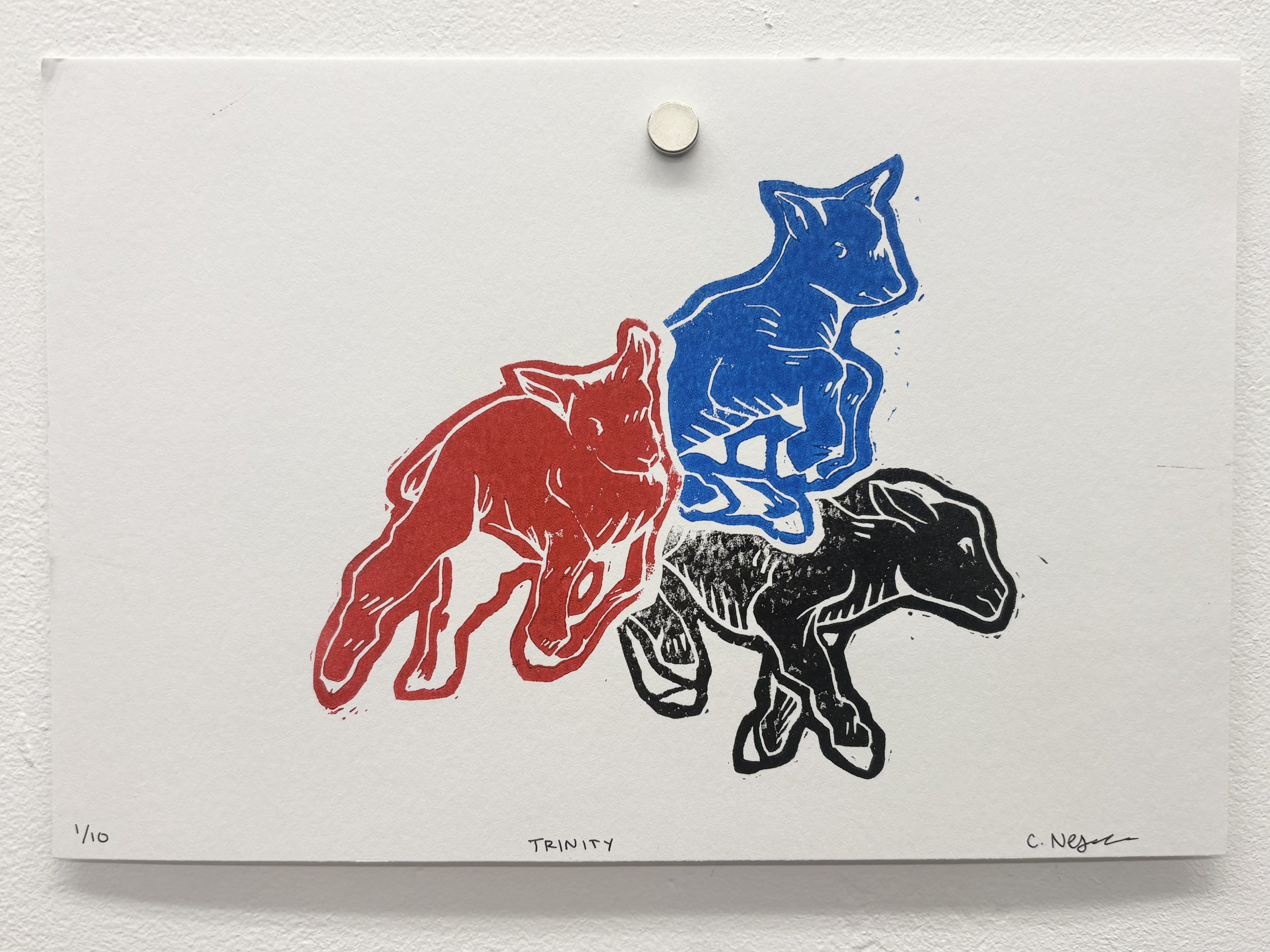 "Trinity" (2024), linoleum block print on paper, 6x4"