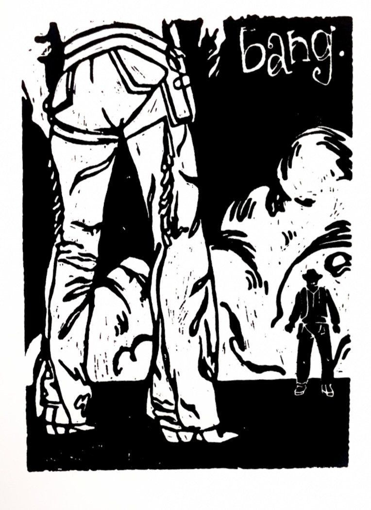 "Bang." (2021), linoleum block print on paper, 4x6"