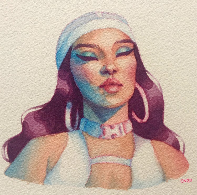 "Doja Cat" (2020), watercolor, 5x5"