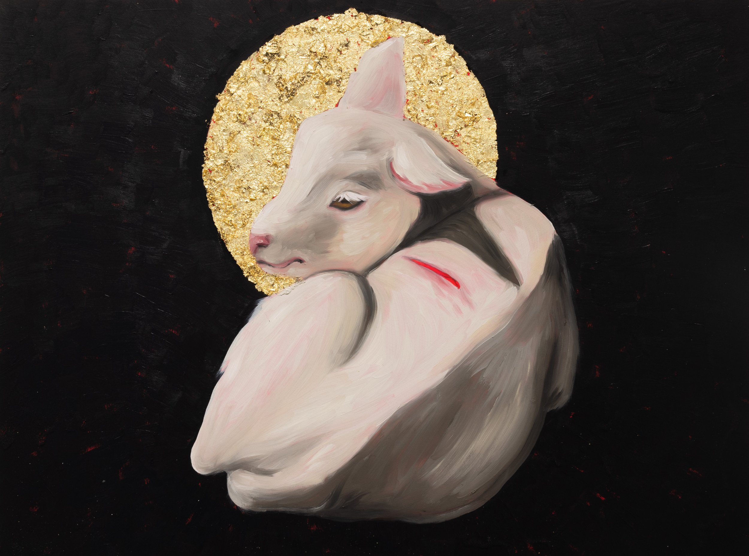 "Lamb of God" (2025), oil paint, acrylic, and gold leaf on wood panel, 24x18"
