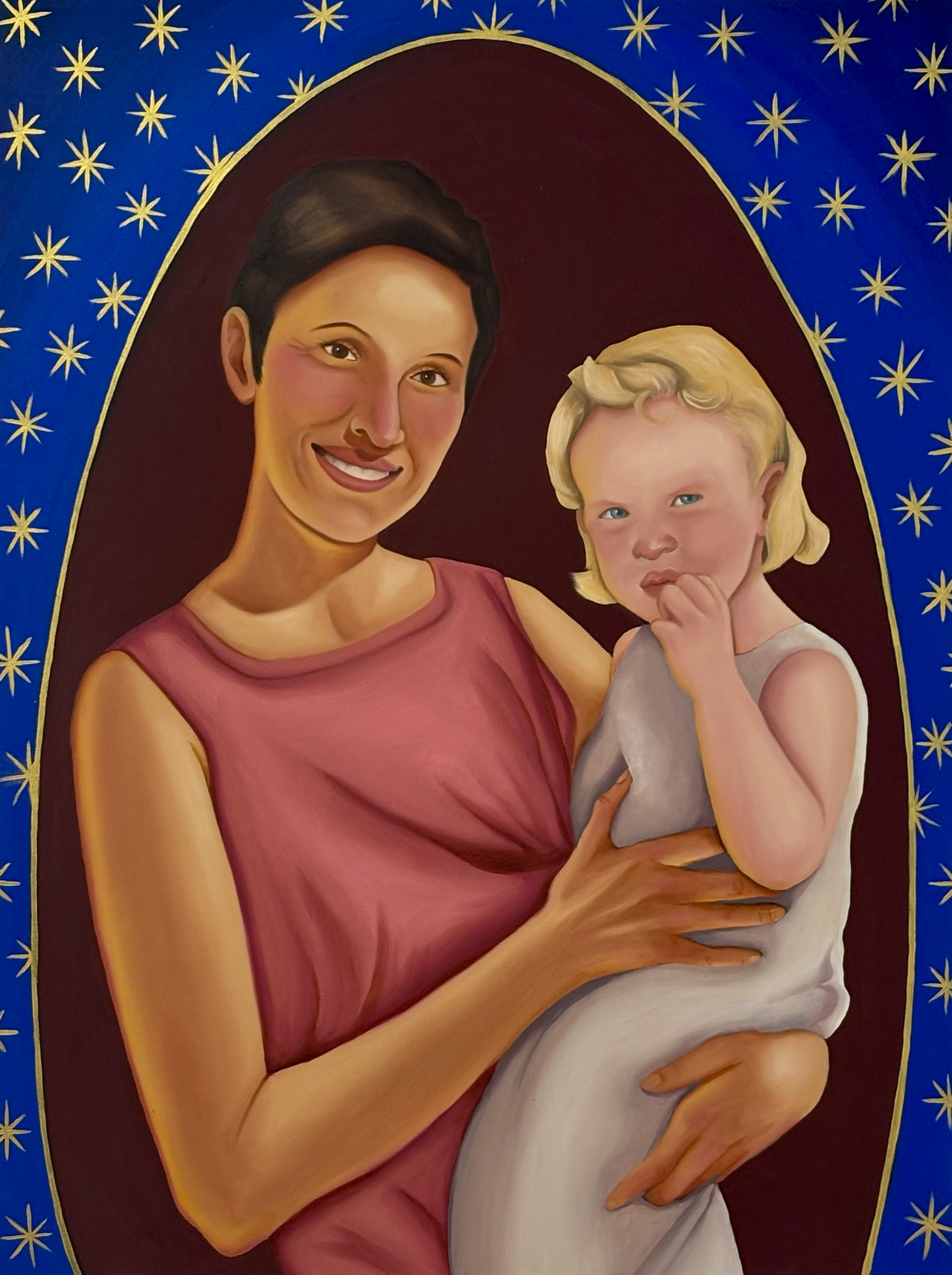 "under the mantle of my Mother/bajo el manto de mi Madre" (2026), oil on wood panel, 18x24" (SOLD)