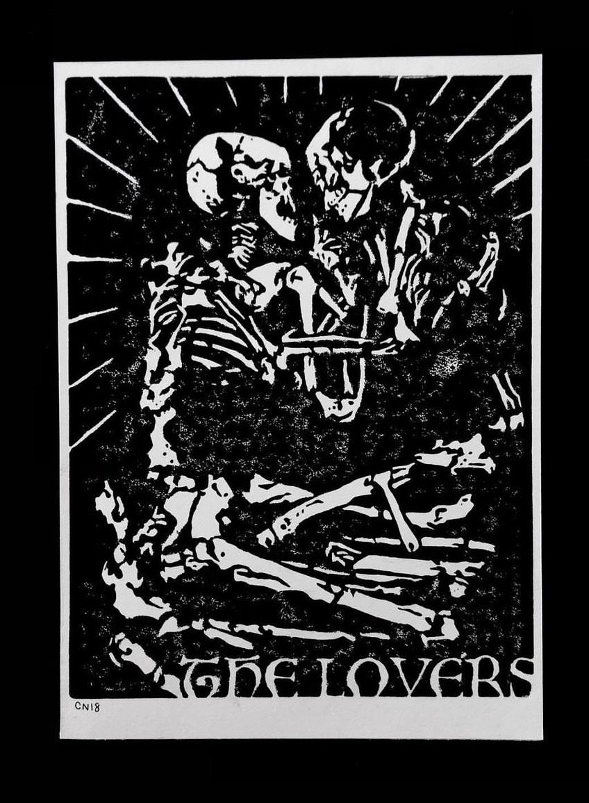"The Lovers" (2021), linoleum block print on paper, 5x7"